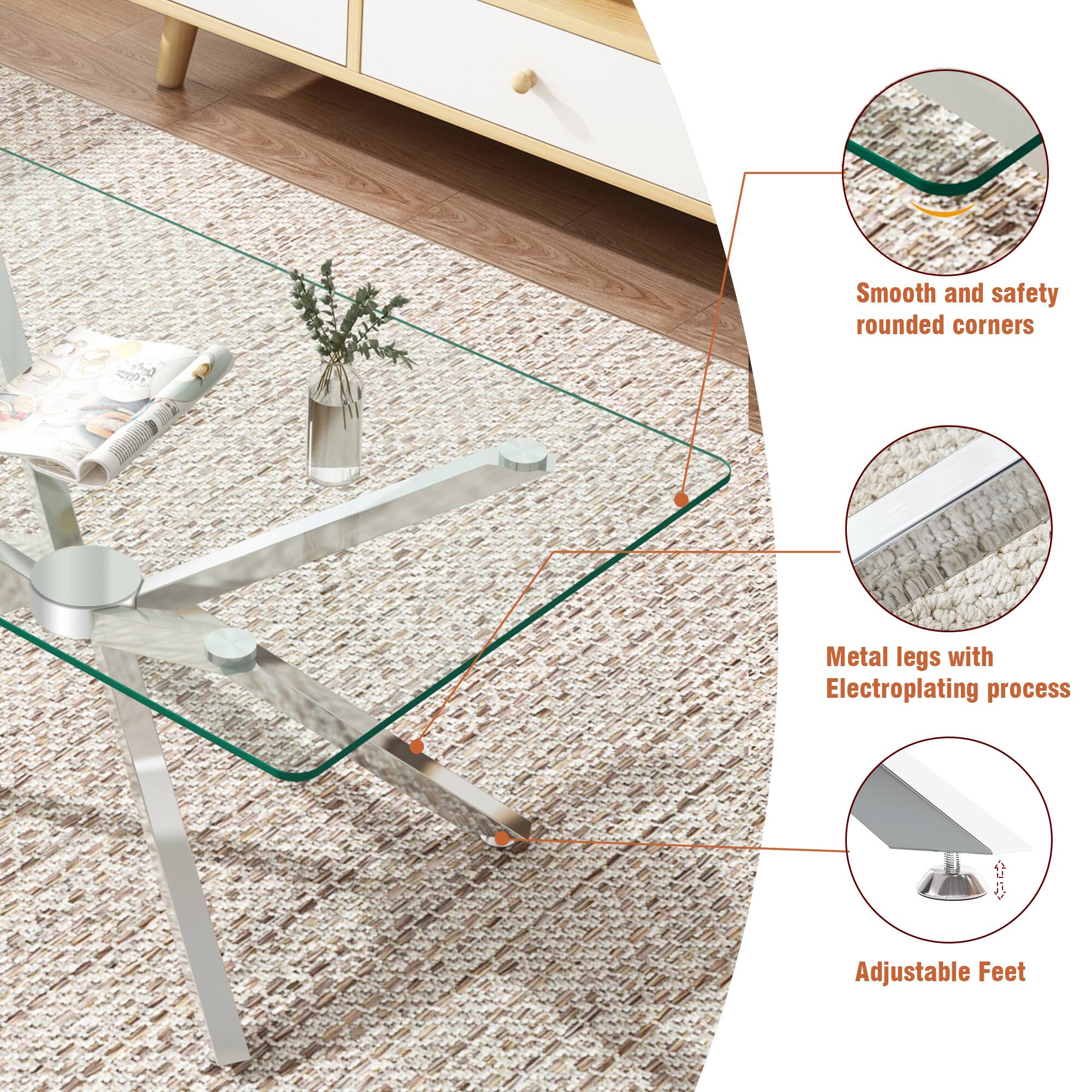 - Smooth and safety rounded corners
- Metal legs with Electroplating process
- Adjustable Feet