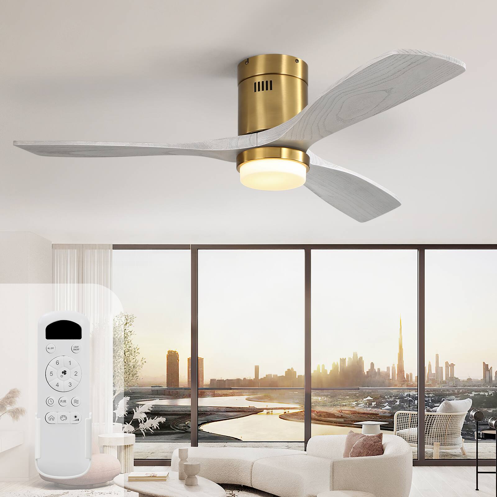 Alt View 8. Sofucor - 52'' Golden LED Ceiling Fan with Remote 6 Speed Noiseless Reversible DC Flush Mount Ceiling Fans with Light and Remote - Gold Light Grey.