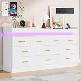Espafurni - 10 - Drawer Dresser with LED Light & Charging Station - Modern Chest for Bedroom, Living Room, Entryway & Hallway - White