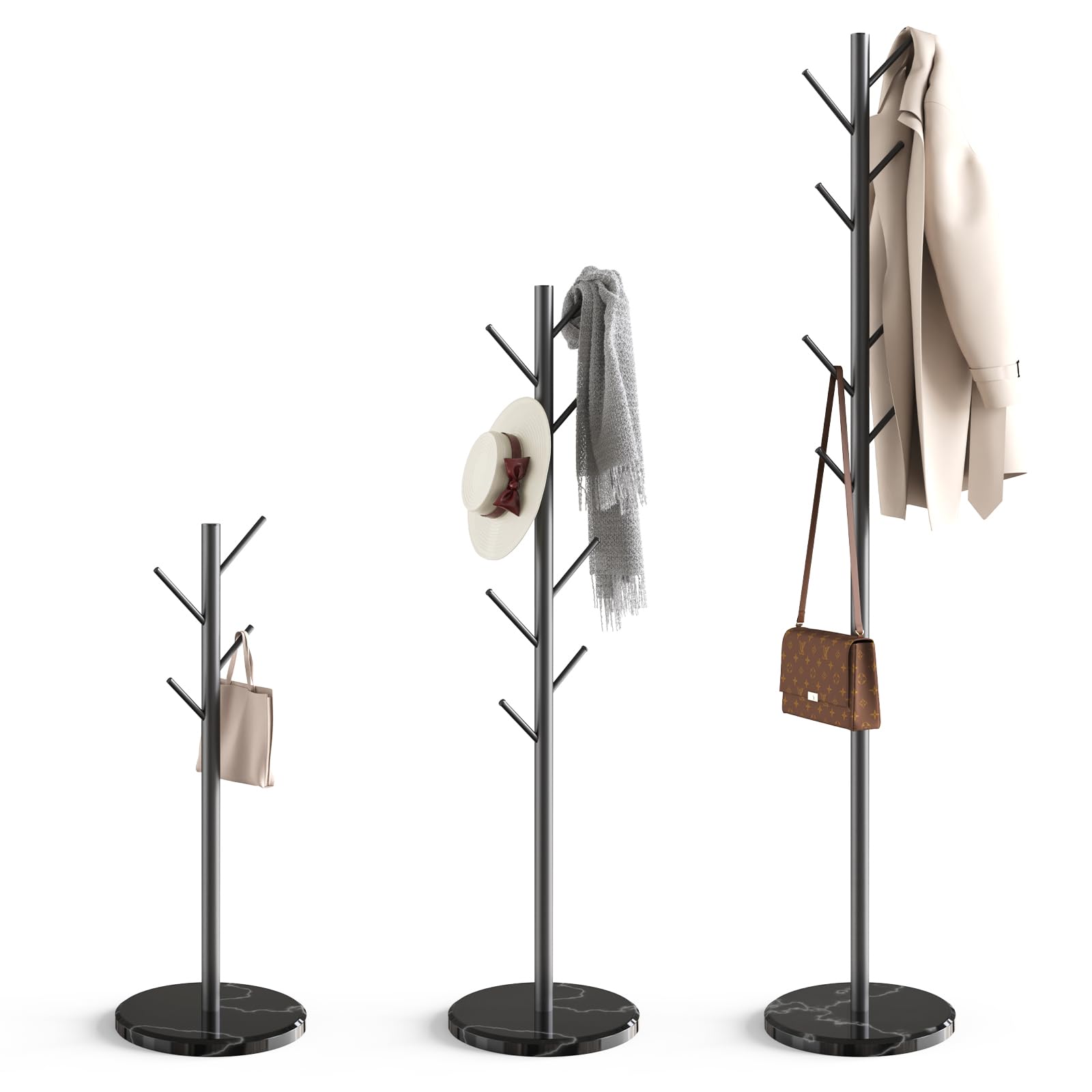 Front. Refined Abode Design - Coat Rack With Marble Base Metal Freestanding 3 Adjustable Size Sturdy Tree For Bags Coats And Hats Entrywa... - Black 8hooks.