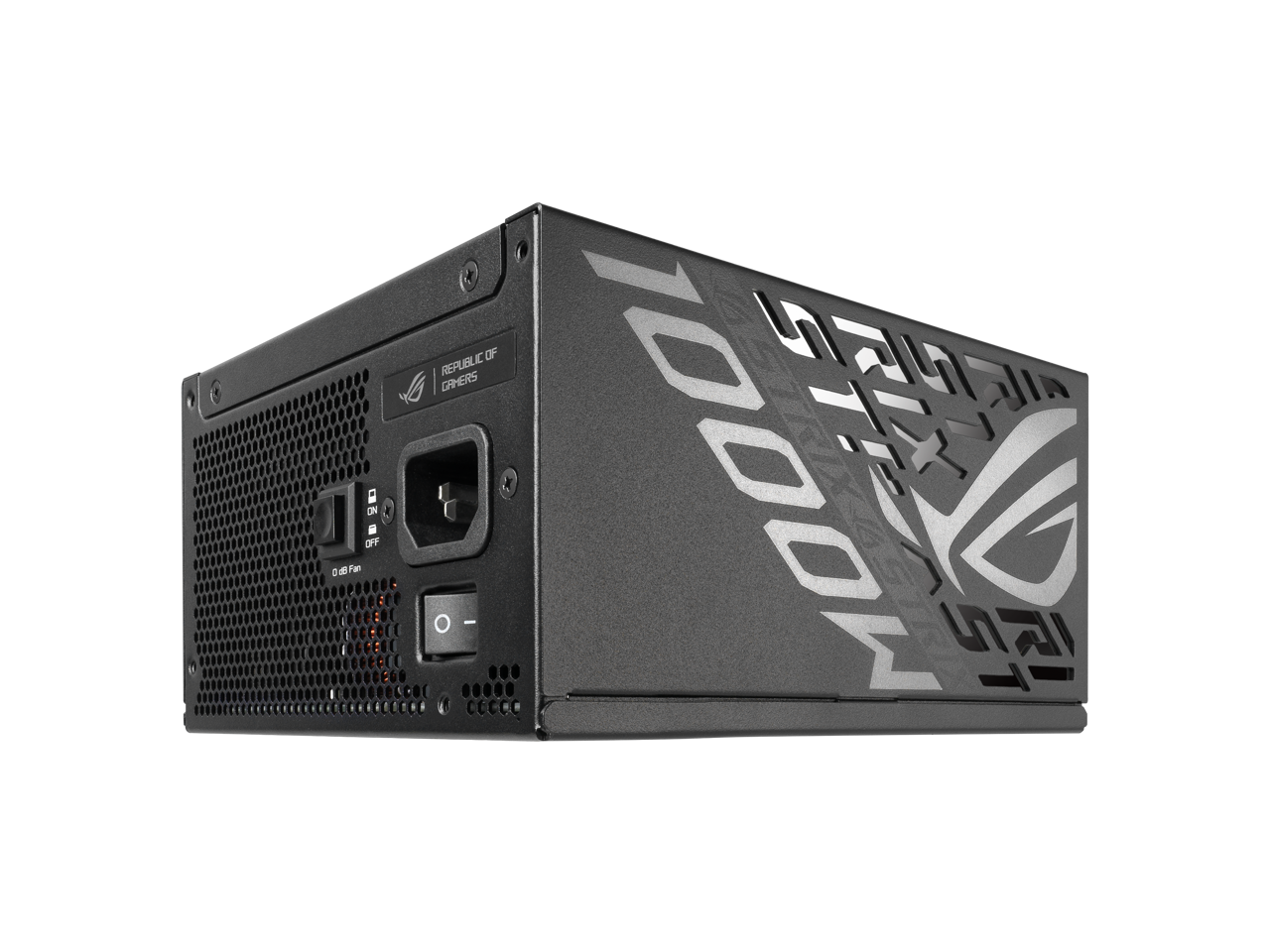 Sure, here is the corrected and grouped text from the image:

**Front Panel:**
- REPUBLIC OF GAMERS
- 0 dB Fan

**Switches:**
- ON
- OFF

**Graphics:**
- ROG (Republic of Gamers logo)

**Text on the Side:**
- 100W
- Republic of Gamers