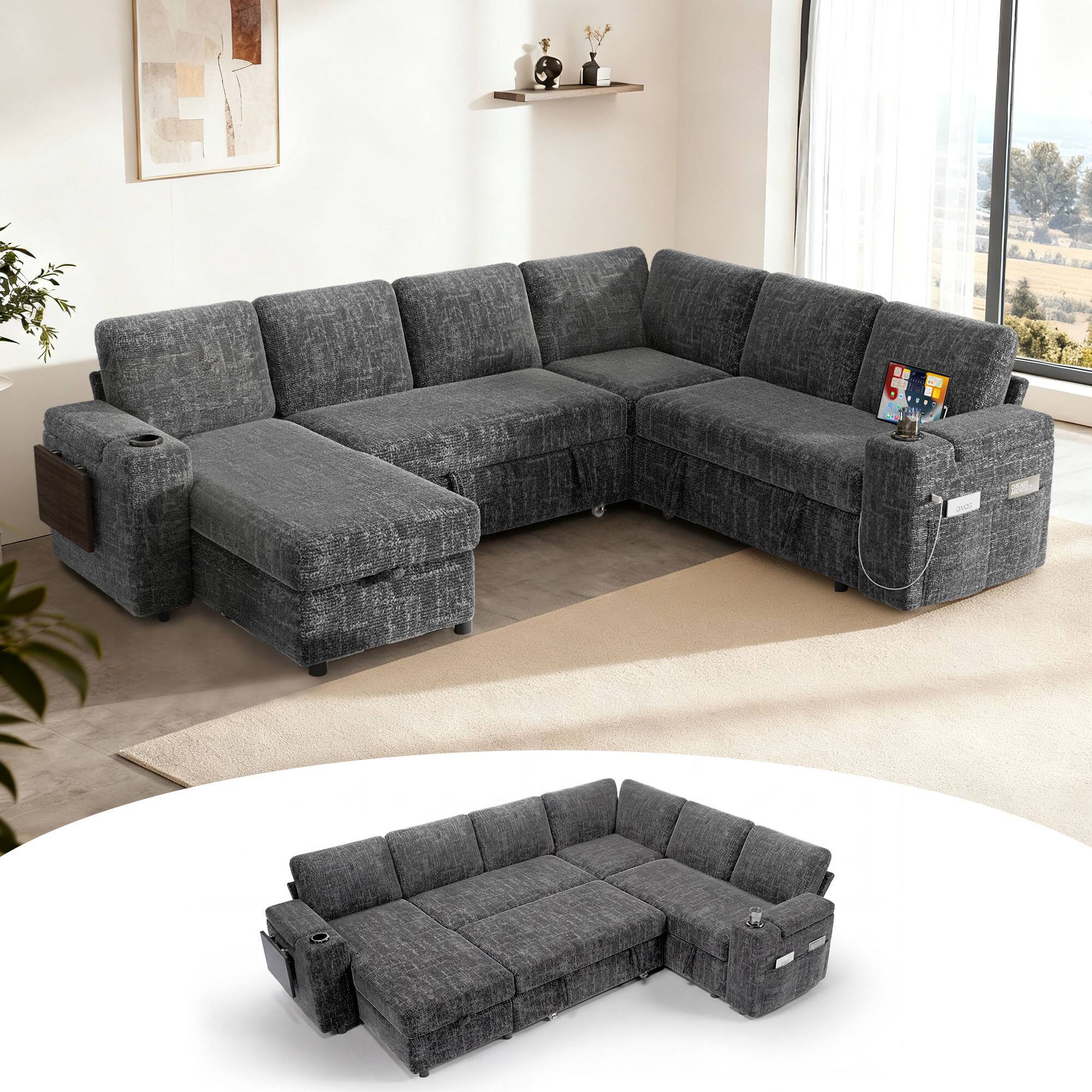 Alt View 4. Dyonery - Dyonery 110-inch 7-seater sofa with a pull-out bed, adjustable backrest, storage space, Chenille grey - Grey.