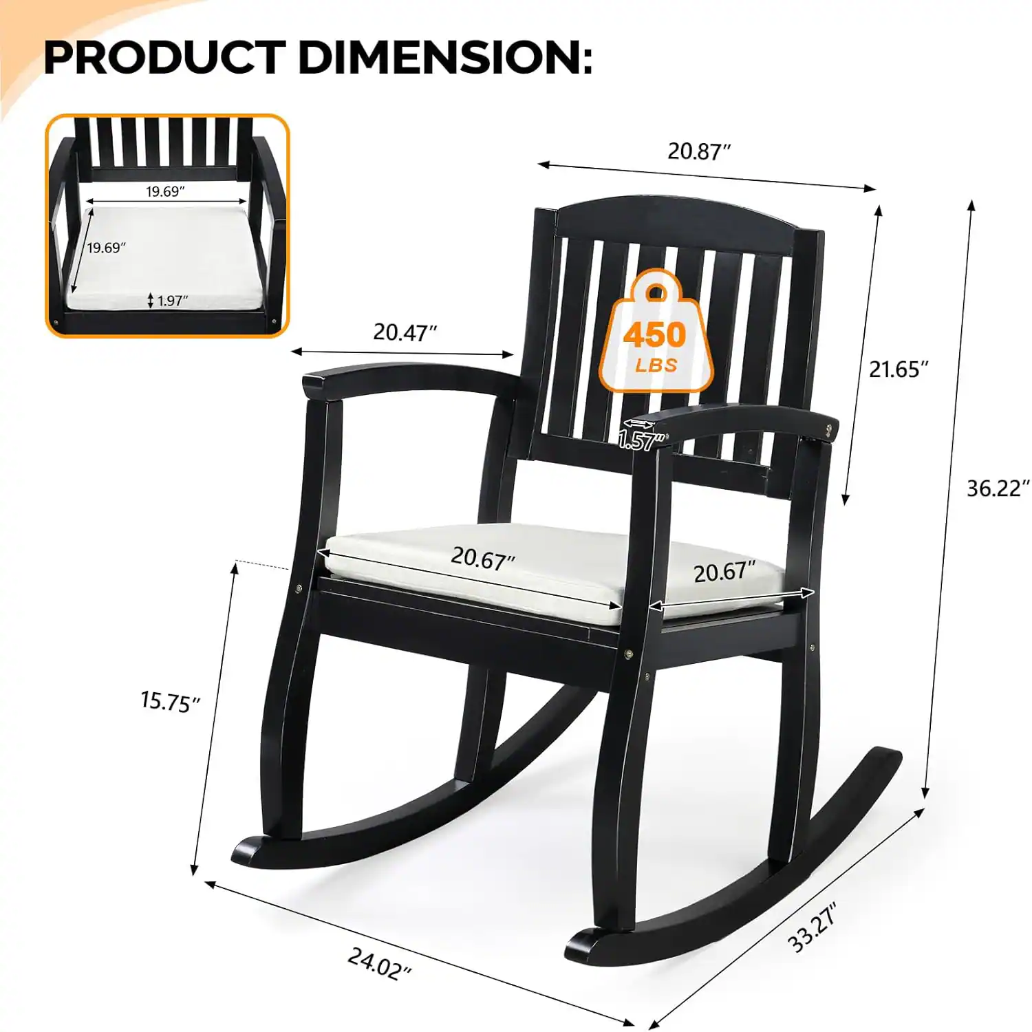 Dimensions and size reference of a black wooden rocking chair.