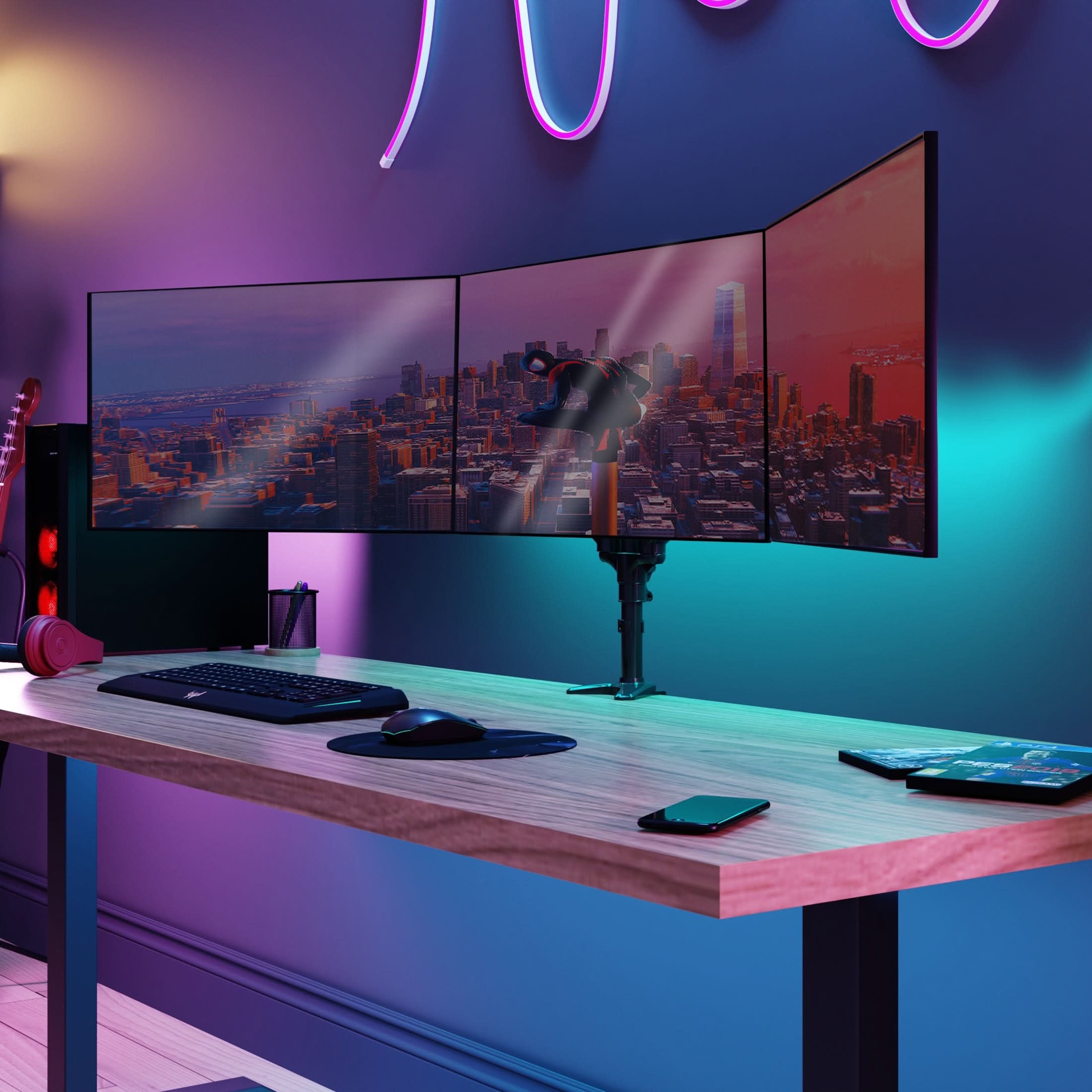 Angle. Mount-It! - Triple Monitor Desk Mount with Gas Spring Arms for Monitors up to 32″, Black - Black.