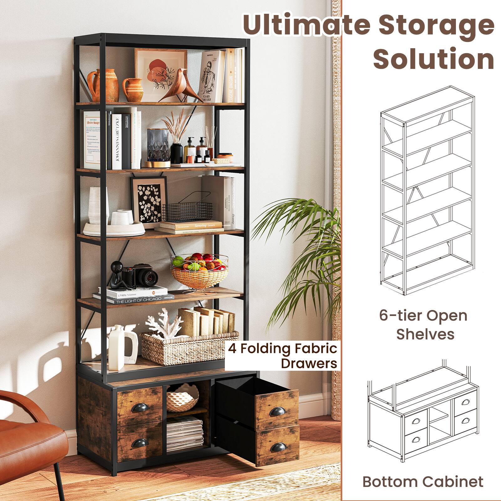 Ultimate Storage Solution - 6-tier Open Shelves, 4 Folding Fabric Drawers, Bottom Cabinet