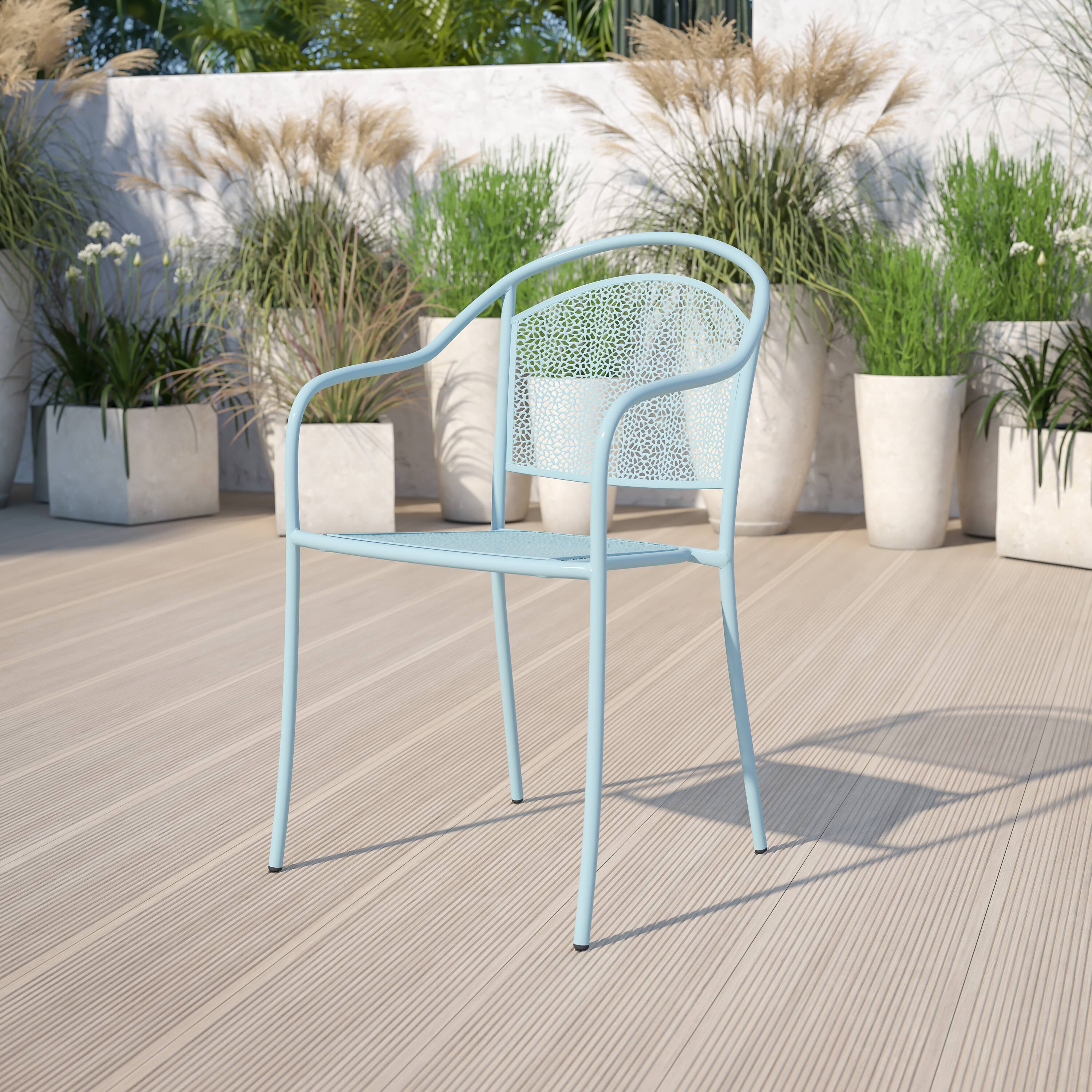 Alt View 1. Emma + Oliver - Commercial Grade Colorful Metal Patio Arm Chair with Round Back - Sky Blue.