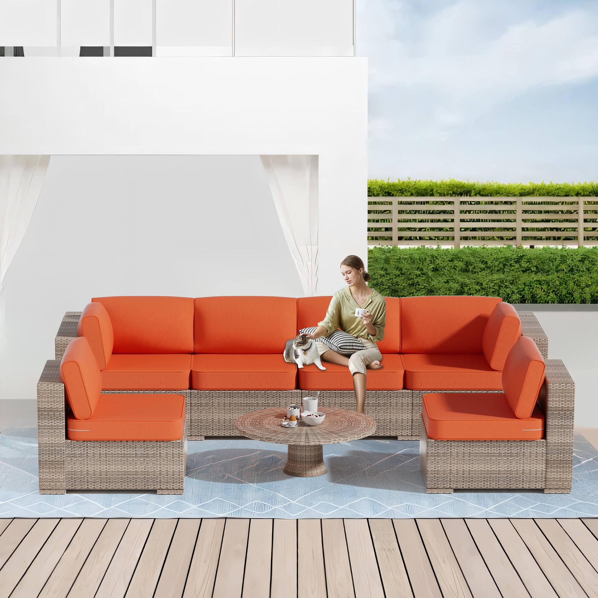 Alt View 2. RYHNUYNE - 14-Piece Outdoor Patio Sofa Cushions,Orange Seat Cushion with Zipper, Water-Resistant Patio Furniture Cushion - Orange.