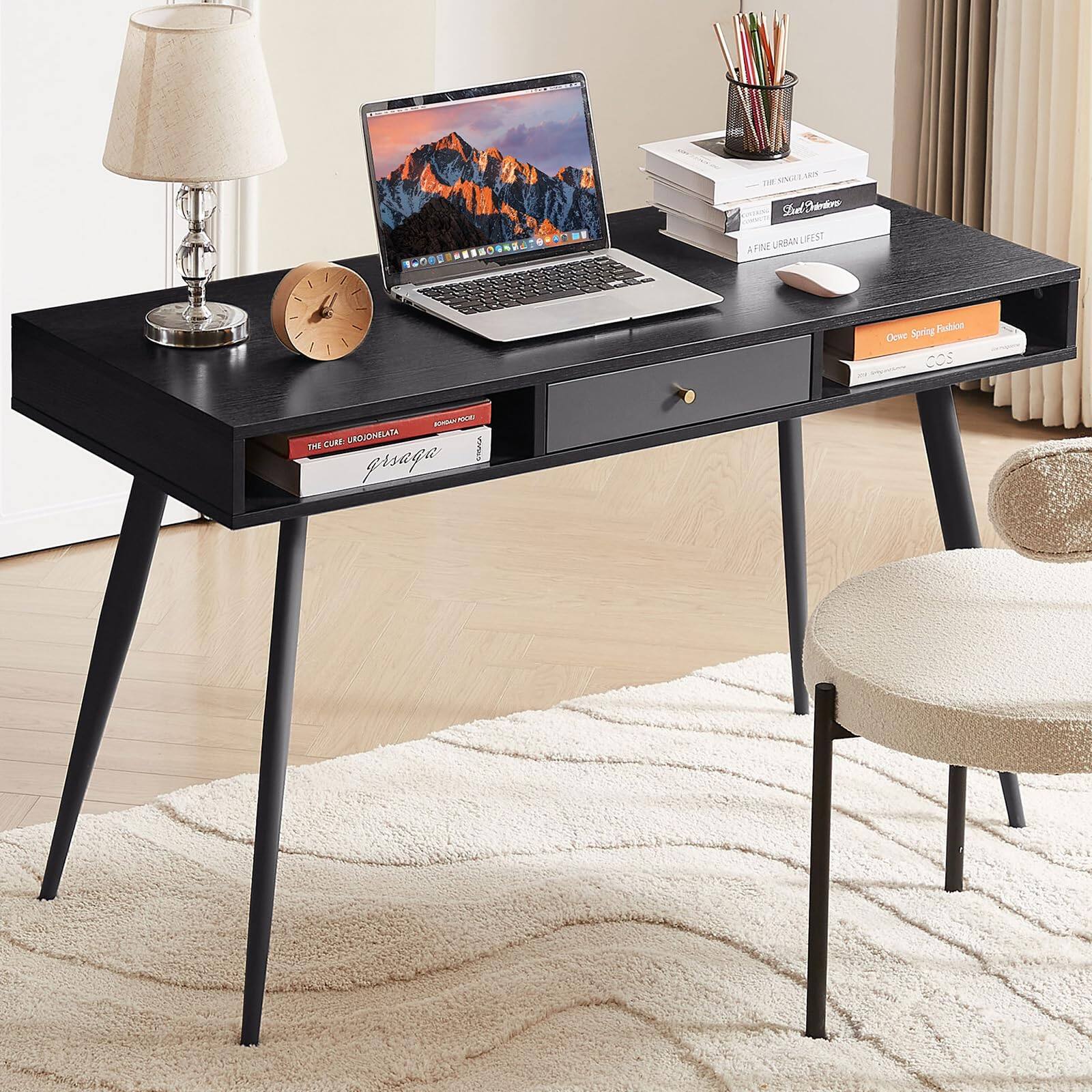 Glintex - Mid Century Desk with USB Ports and Power Outlet with Drawers, Multifunctional Home Office Computer Desk - Black