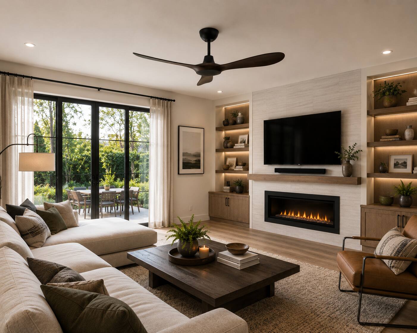 Back. ENLIGHT - 60" Smart Ceiling Fan, IP66 Outdoor/Coastal, Weather Resist, Efficient + Quiet DC Motor, Reverse Mode, Matter, 3 Blades - Walnut Woodgrain.