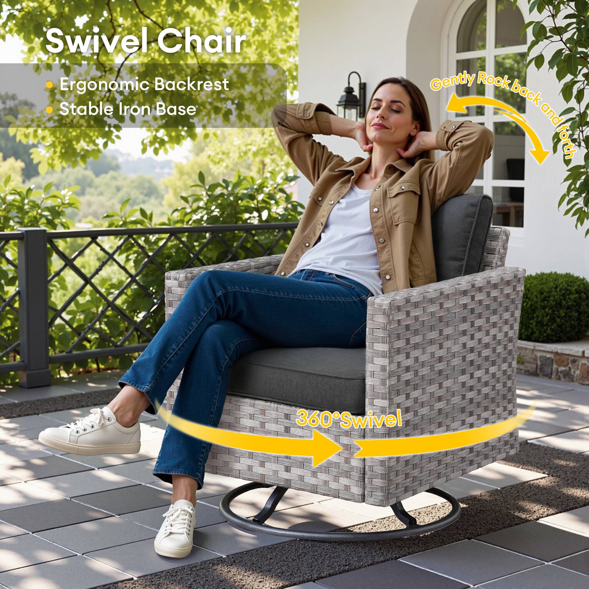 Swivel Chair  
Ergonomic Backrest  
Stable Iron Base  
Gently Rock back and forth  
360° Swivel