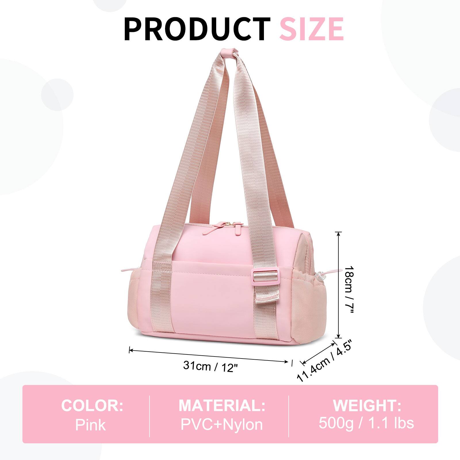 PRODUCT SIZE

COLOR: Pink

MATERIAL: PVC+Nylon

WEIGHT: 500g / 1.1 lbs

- 31cm / 12"
- 18cm / 7"
- 11.4cm / 4.5"