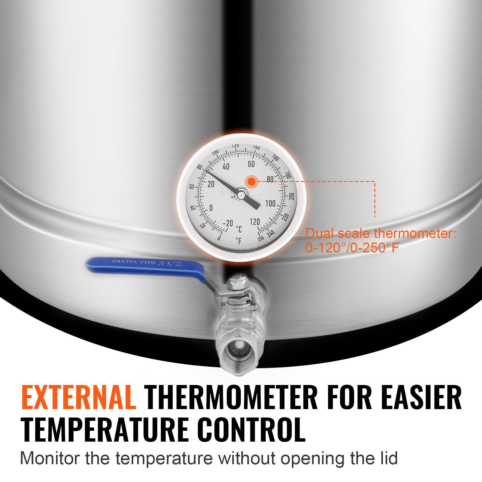 PMATVA BALL C0 1M O5 40 9g 20 S D 20 -20 "C g F 14 160 60 80 180 200 100 120 220 240

Dual scale thermometer: 258 0-120/0-250F

EXTERNAL THERMOMETER FOR EASIER TEMPERATURE CONTROL

Monitor the temperature without opening the lid