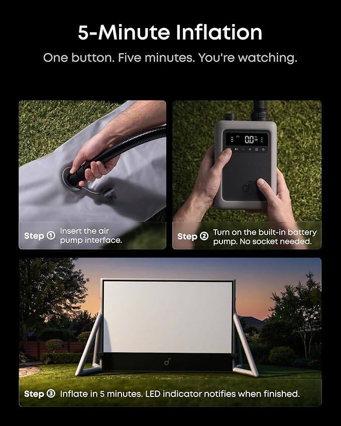 5-Minute Inflation

One button. Five minutes. You're watching.

Step 1: Insert the air pump interface.

Step 2: Turn on the built-in battery pump. No socket needed.

Step 3: Inflate in 5 minutes. LED indicator notifies when finished.