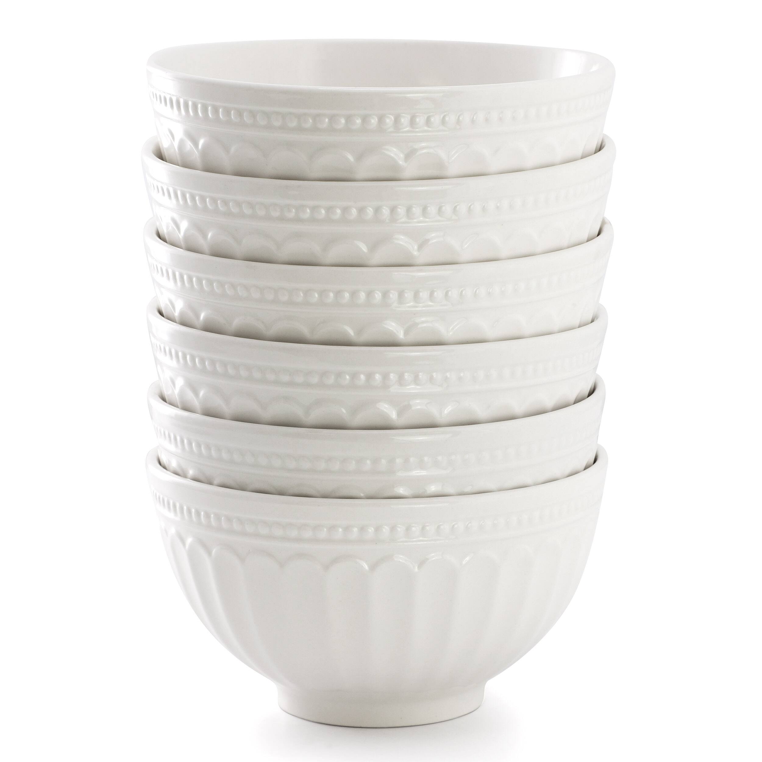 Left. Elama - Elama Hansel 6 Piece Embossed Arch Stoneware Cereal Bowl Set in White - White.