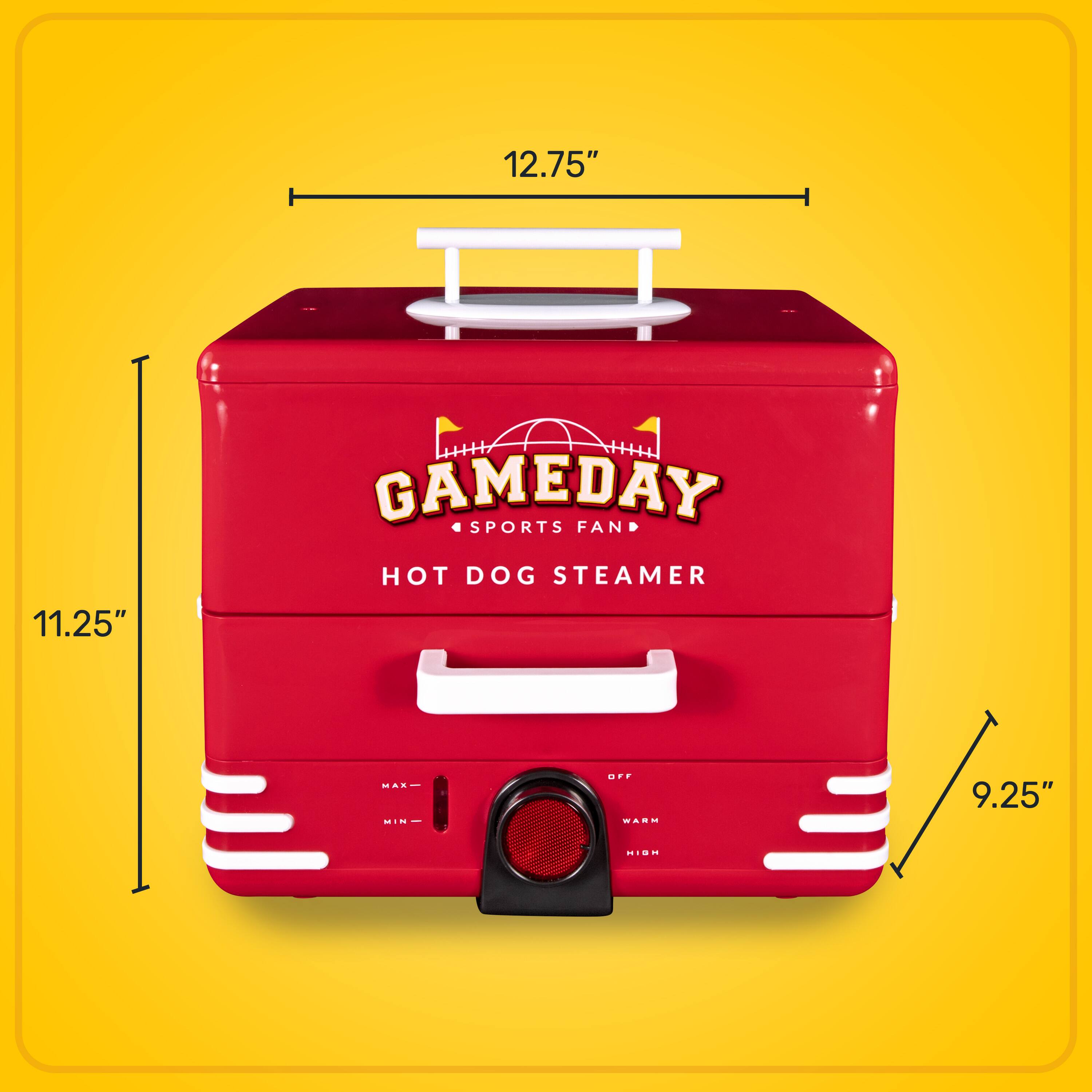 12.75"  
GAMEDAY SPORTS FAN HOT DOG STEAMER  
11.25"  
MAX - MIN  
OFF WARM HIGH  
9.25"