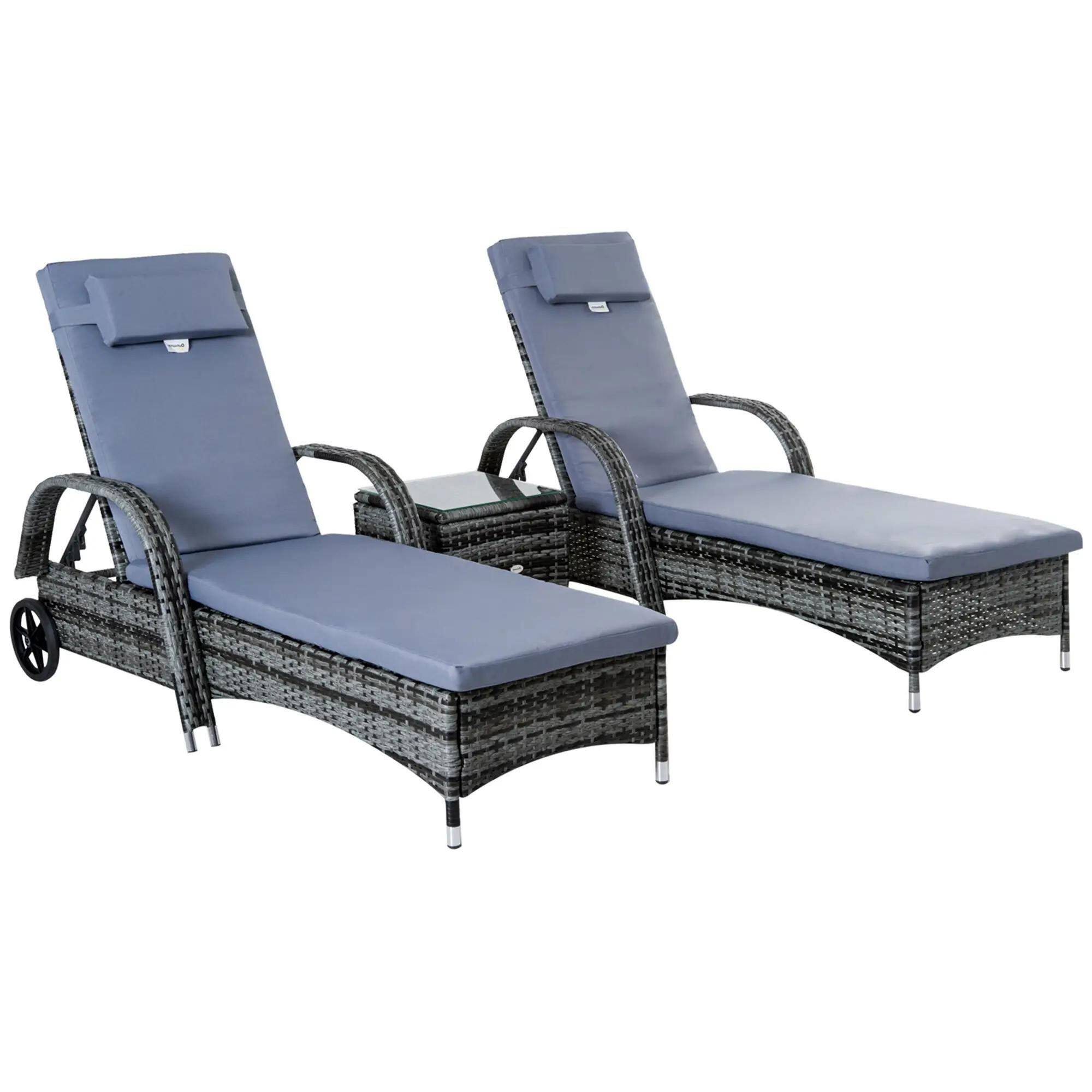 Front. Spaco - Spaco 3PC Pool Chaise Lounge Set, 5 Level Adjustable PE Rattan, Deep Cushion - Grey.