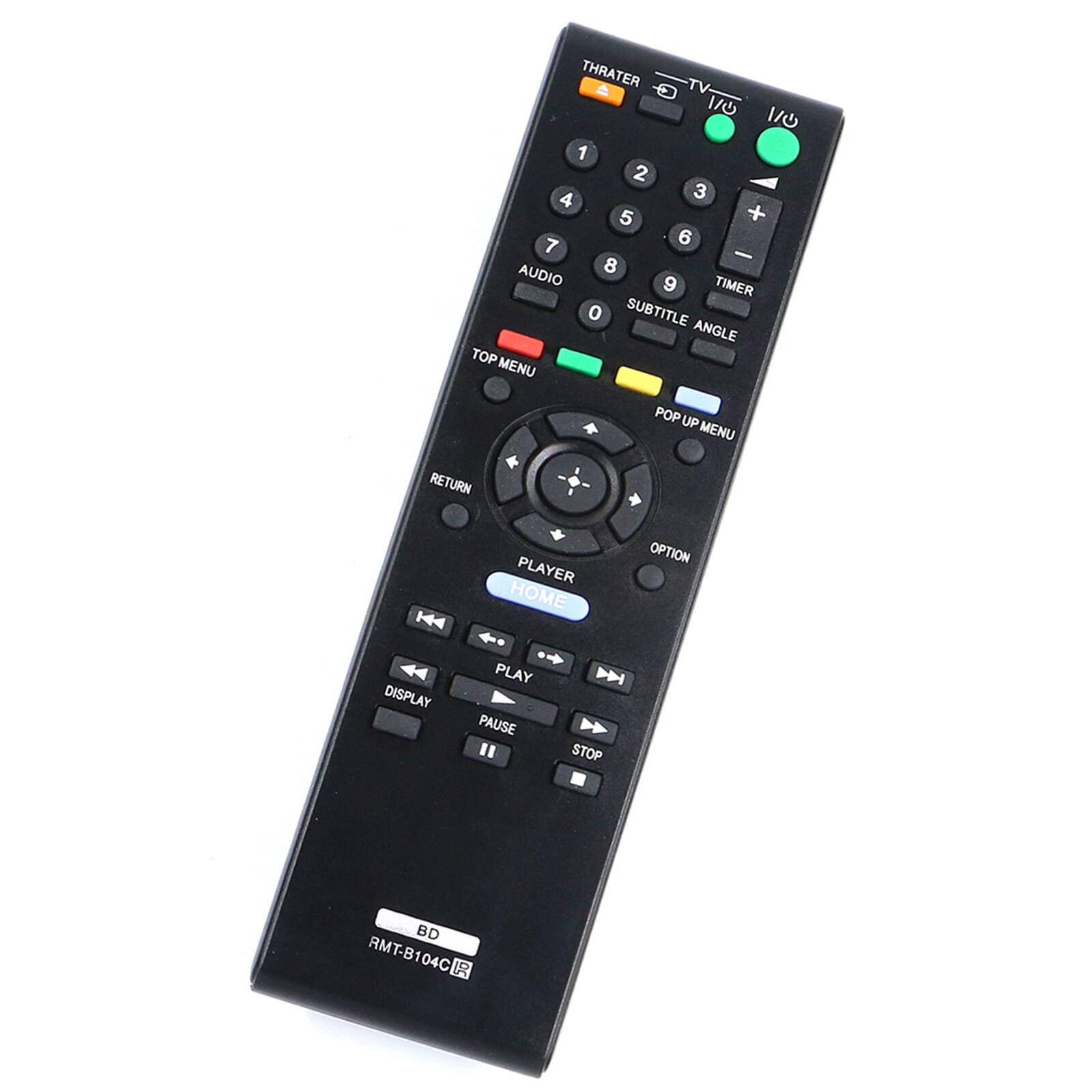 THRATER 1/0 1/0 1 2 3 4 5 6 7 8 9 0 + - AUDIO TIMER SUBTITLE ANGLE TOP MENU POP UP MENU RETURN PLAYER HOME OPTION DISPLAY PLAY PAUSE STOP BD RMT-B104C