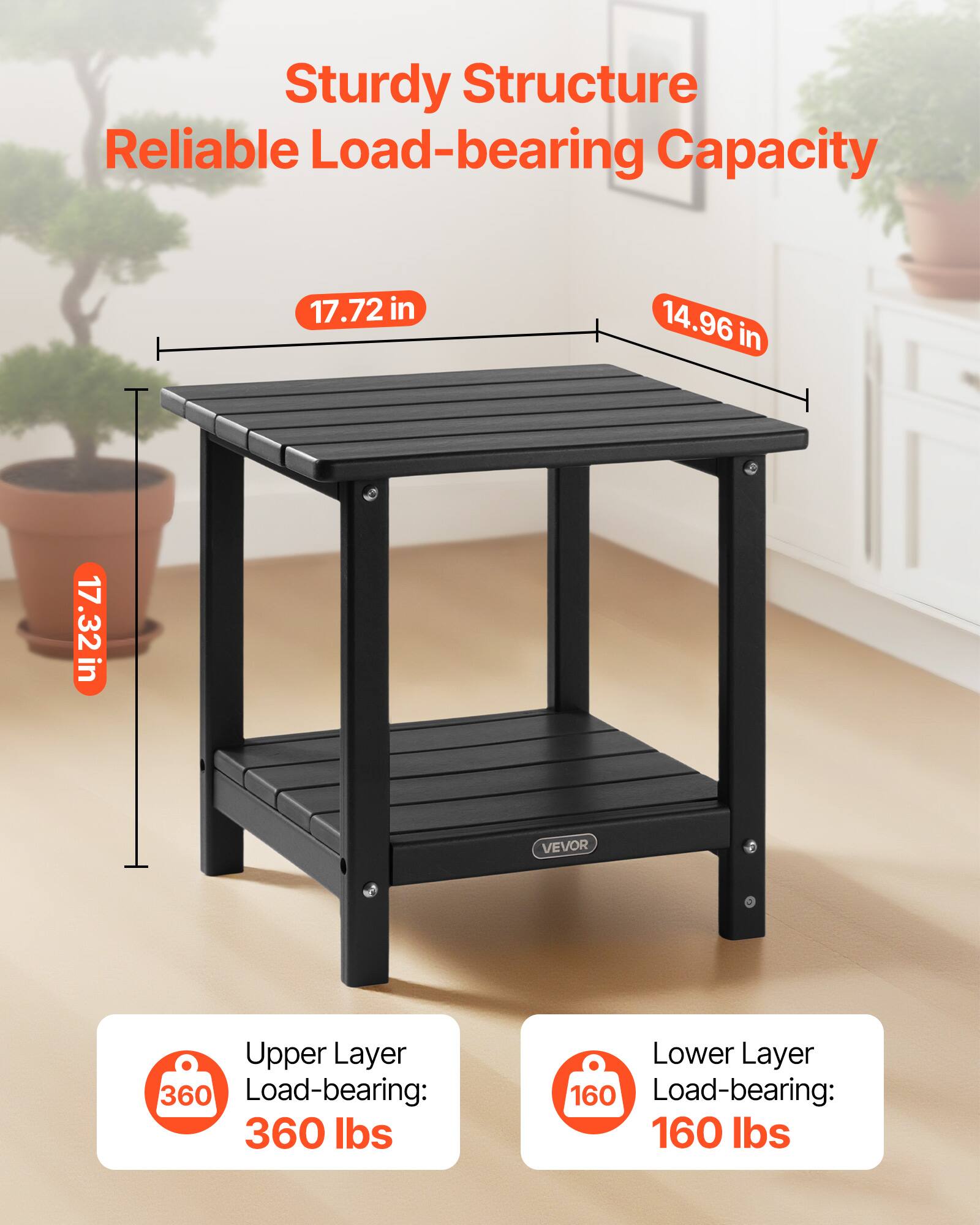 Sturdy Structure Reliable Load-bearing Capacity

- Upper Layer Load-bearing: 360 lbs
- Lower Layer Load-bearing: 160 lbs

Dimensions:
- Length: 17.72 in
- Width: 14.96 in
- Height: 17.32 in