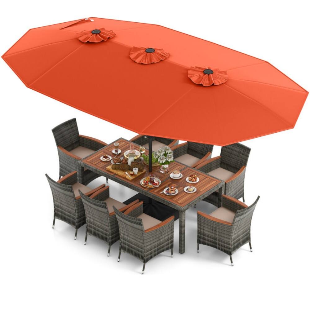 Alt View 5. Mondawe - 10 Pieces Patio Wicker Dining Set with 15 Feet Double-Sided Patio Umbrella - Orange.