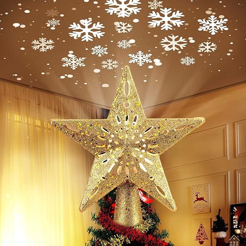 Schertz - Christmas Star Tree Topper with LED Snowflake Projector Lights – Hollow Pentagram Tree Topper, Plug-In Holiday Decoratio - Gold