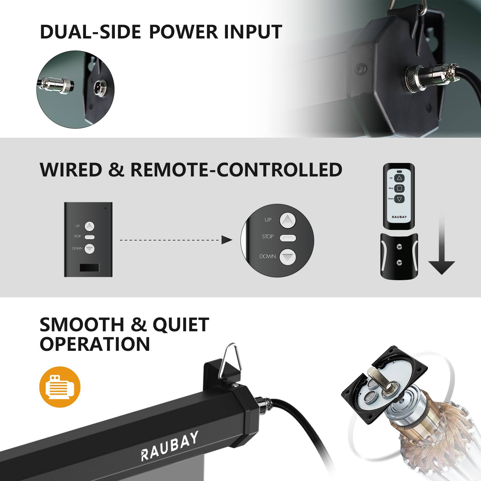 DUAL-SIDE POWER INPUT

WIRED & REMOTE-CONTROLLED

SMOOTH & QUIET OPERATION