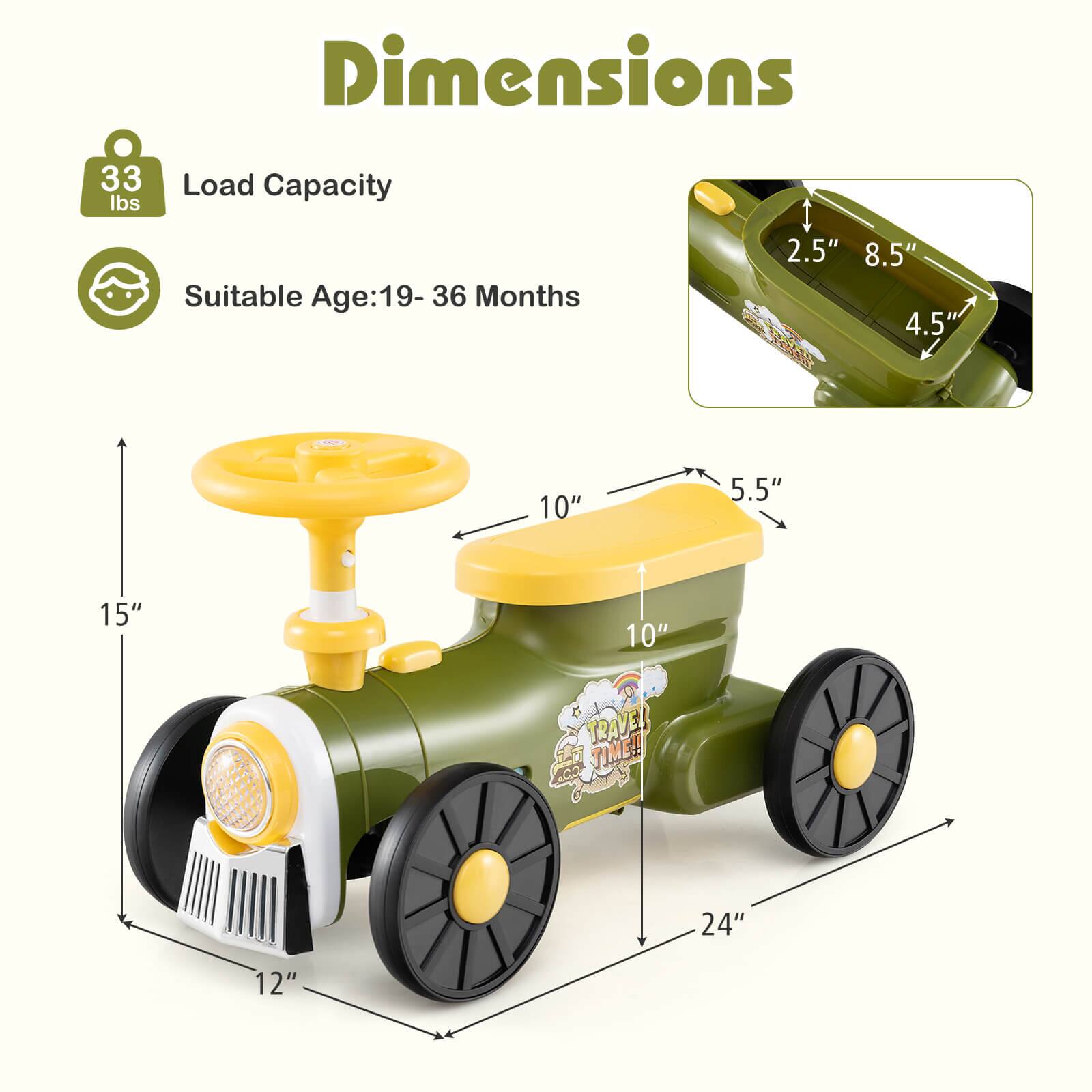 Dimensions

- Load Capacity: 33 lbs
- Suitable Age: 19-36 Months

- 2.5" x 8.5" x 4.5"
- 10" x 5.5" x 15"
- 24" x 12"