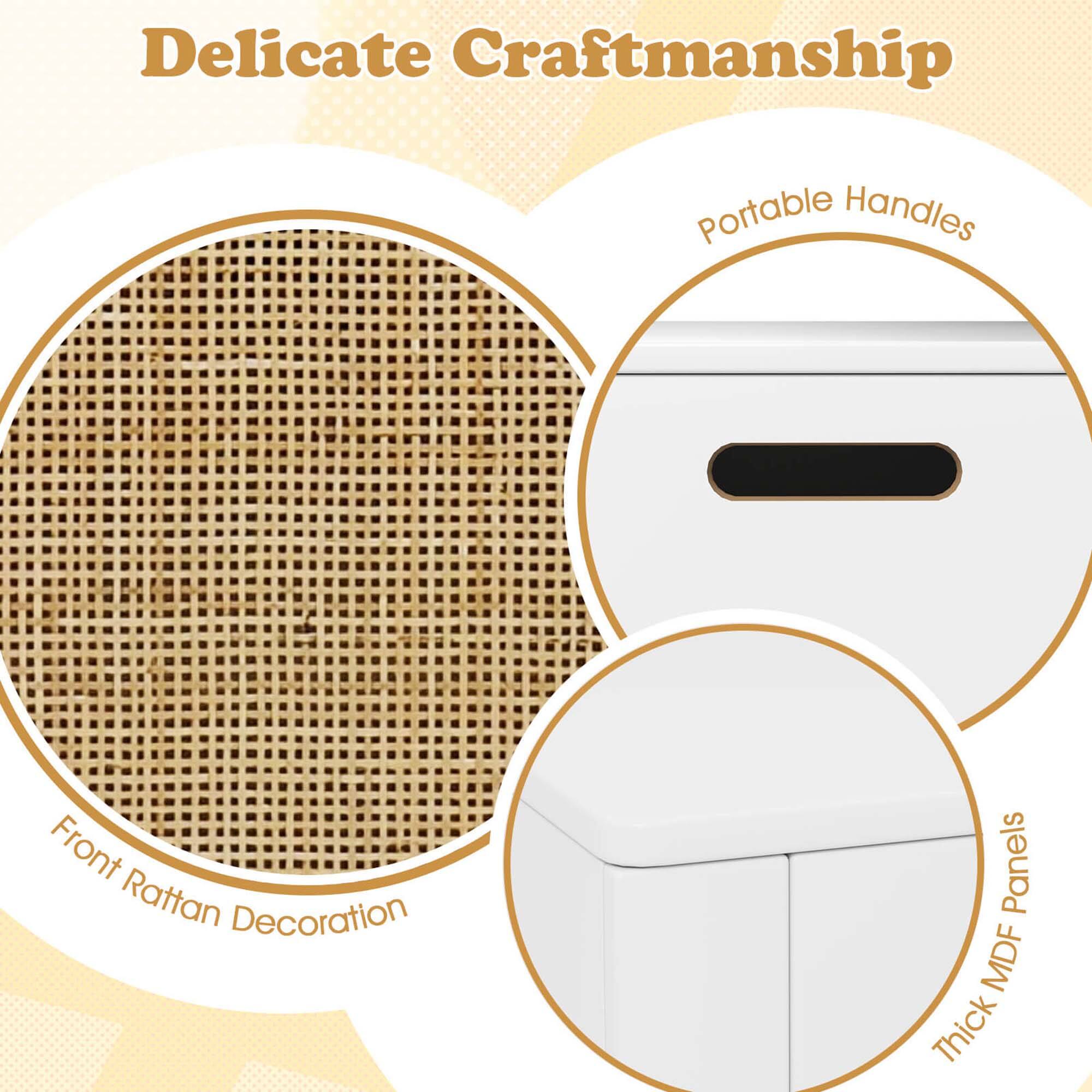 Delicate Craftmanship

- Front Rattan Decoration
- Portable Handles
- Thick MDF Panels