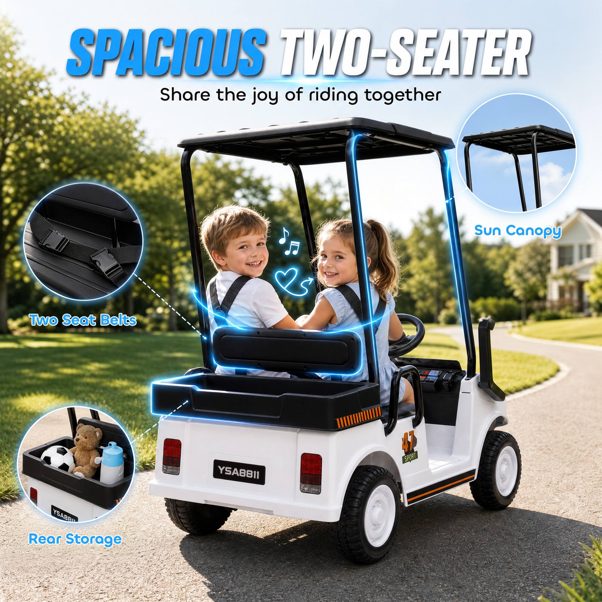 SPACIOUS TWO-SEATER  
Share the joy of riding together

Sun Canopy  
Two Seat Belts  
YSABBII  
42 SPORT  
YSABR Rear Storage