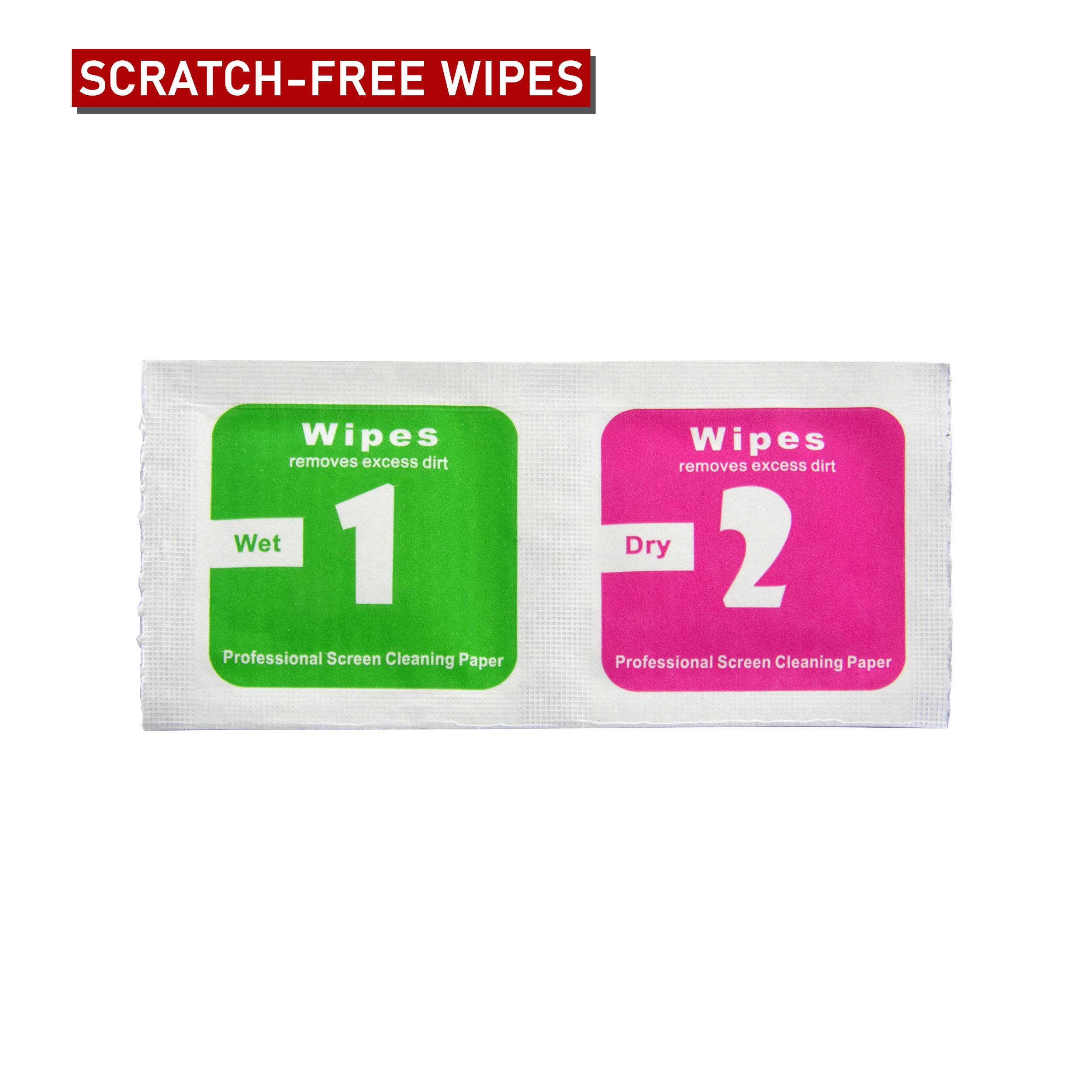 SCRATCH-FREE WIPES

1. Wet Wipes
   - Removes excess dirt
   - Professional Screen Cleaning Paper

2. Dry Wipes
   - Removes excess dirt
   - Professional Screen Cleaning Paper