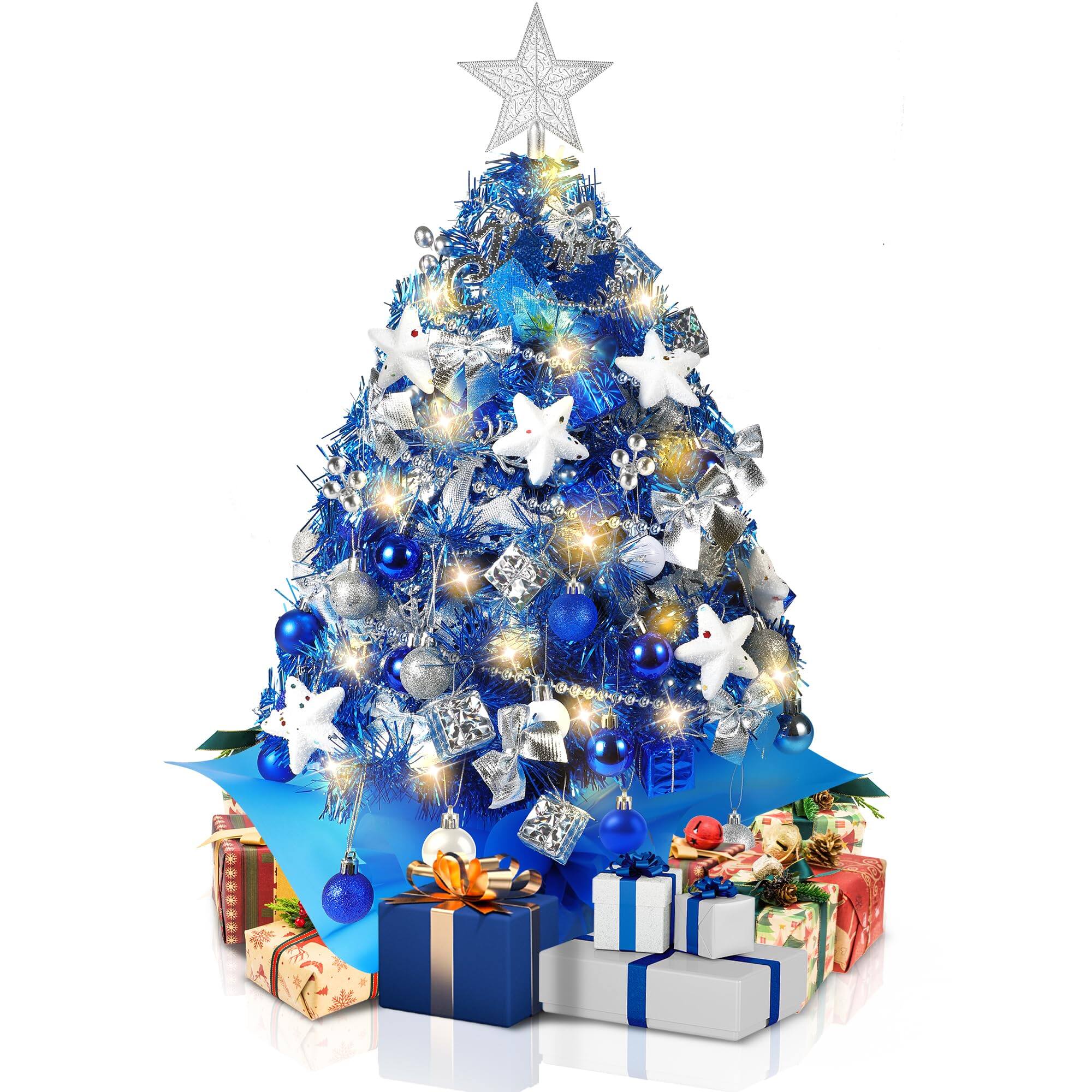 Front. Stylel Star - 2FT Mini Christmas Tree, Artificial Tabletop Christmas Tree with 60 LED Lights, Prelit Small Christmas Tree, 100... - Blue.