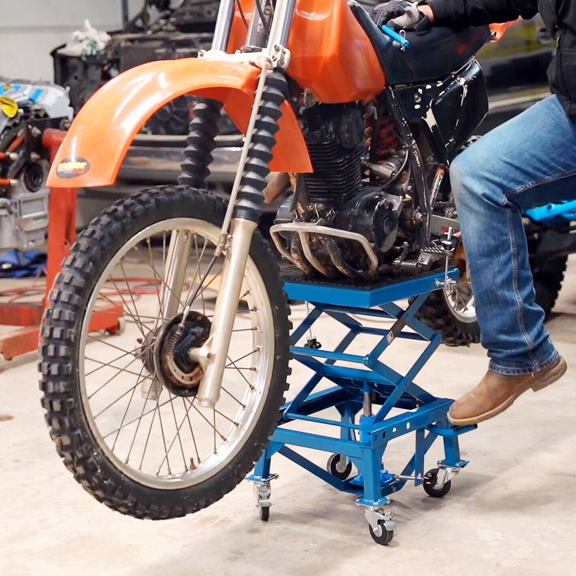 Alt View 1. Durhand - 300 lbs Hydraulic Motorcycle Scissor Jack Lift Foot Step Wheels for Small Dirt Bikes - Blue.