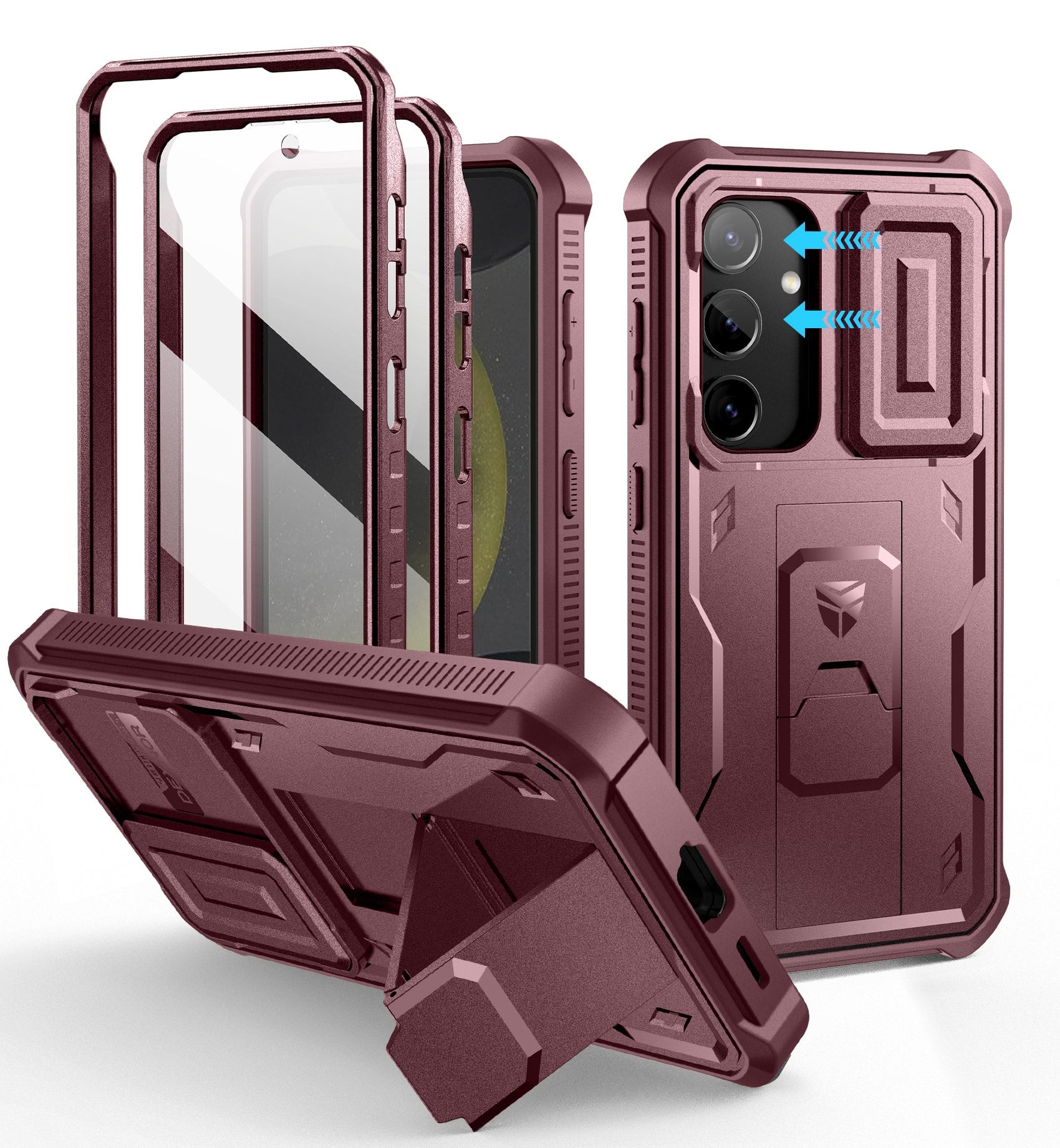 Dexnor - Bumper Phone Case for Samsung Galaxy S24 with Built-in Slide Camera Cover & Screen Protector & Kickstand - Maroon Red