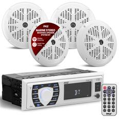 PYLE MARINE STEREO RECEIVER & SPEAKER SYSTEM KIT Wireless Streaming Hands-Free Calling MIC UMMD 1 2 INT 3 RPT BAD AMS NERET 144 144 MUTE ROM 5-10 5 E +10 CLK PYLE BT PLMRKT38W OT AuT UB SD ME DS - 1 REM BT - MA WTEN VIS aT -10 5 LO BAA CL APT +10 E AMS MOuE + E T PYLE