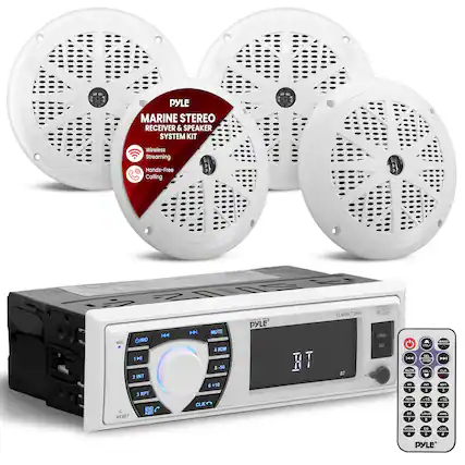 PYLE MARINE STEREO RECEIVER & SPEAKER SYSTEM KIT Wireless Streaming Hands-Free Calling MIC UMMD 1 2 INT 3 RPT BAD AMS NERET 144 144 MUTE ROM 5-10 5 E +10 CLK PYLE BT PLMRKT38W OT AuT UB SD ME DS - 1 REM BT - MA WTEN VIS aT -10 5 LO BAA CL APT +10 E AMS MOuE + E T PYLE