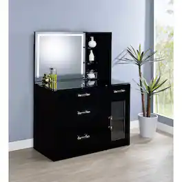 Loheer - High Gloss Makeup Vanity with LED Mirror and Stool - Black