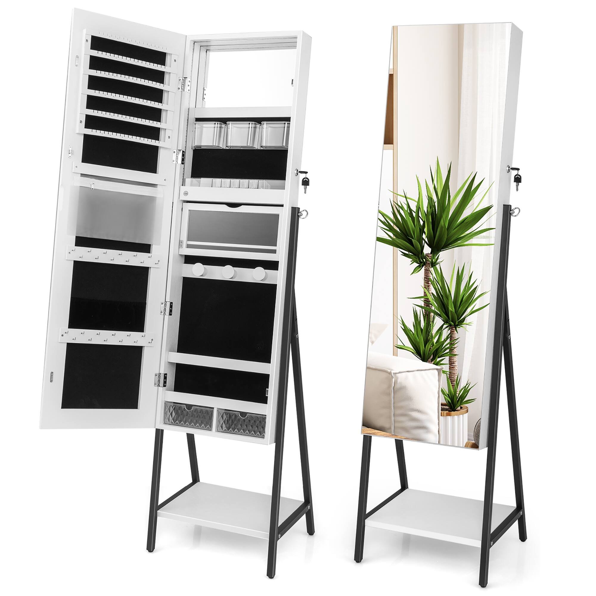 Alt View 17. Costway - Jewelry Cabinet Armoire 3 Color LED Modes Full-Length Frameless Mirror Lockable White - White.