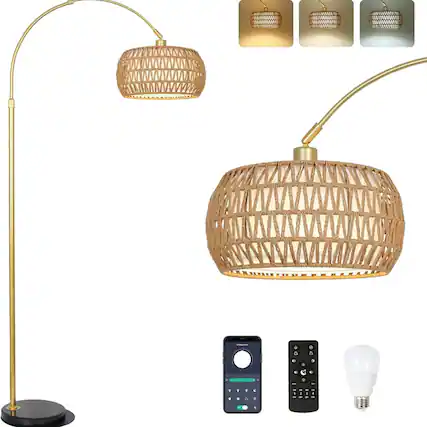 Front. Luckbyte - Gold Arc Floor Lamp Remote Dimmable 3 Color Temp Rattan Shade Adjustable Tall Lamp.