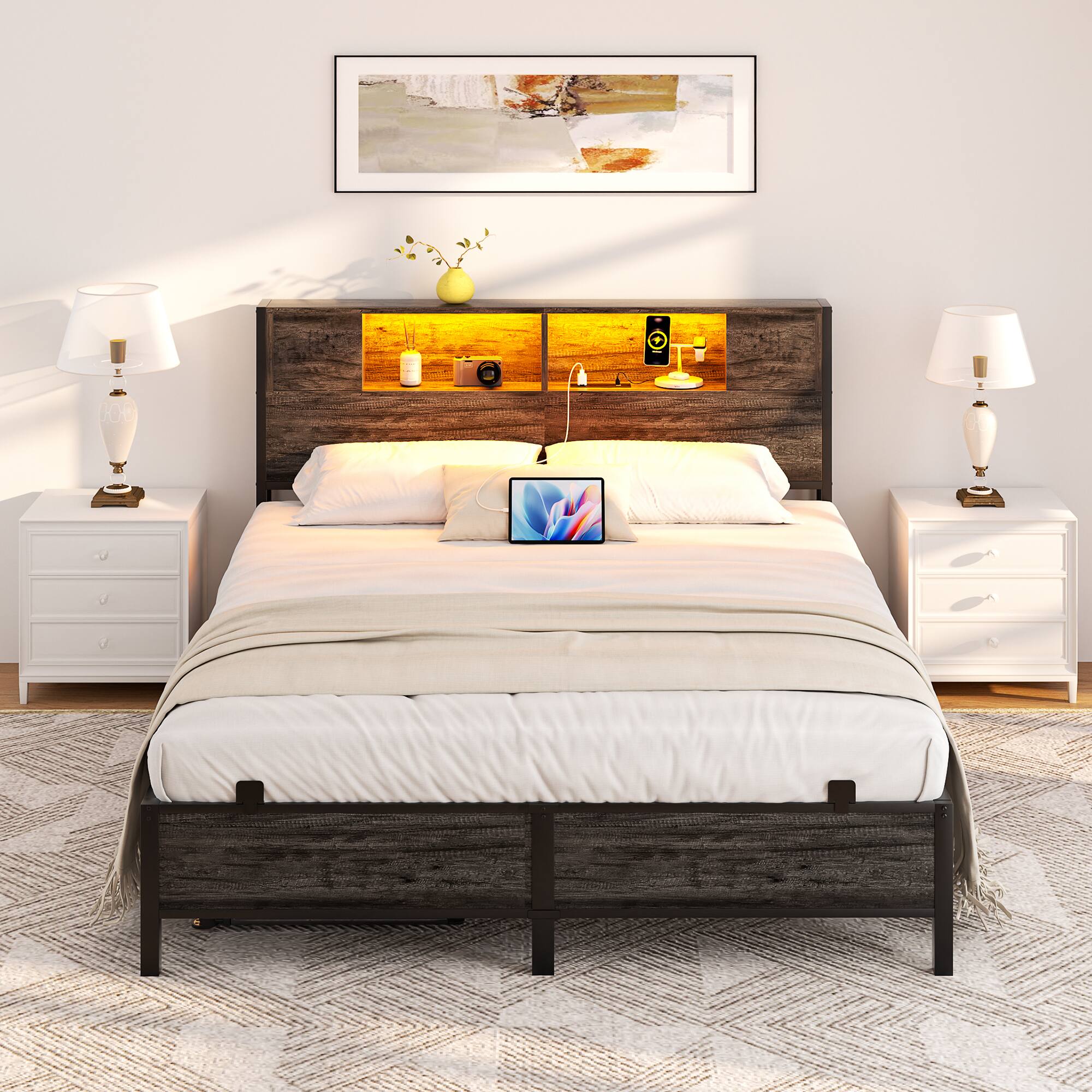 Front. Aheaplus - Industrial Metal Bed Frame: Storage Headboard / Charging, LED Lights, Steel Slats, No Box Spring, Easy Assembly - Black Oak.