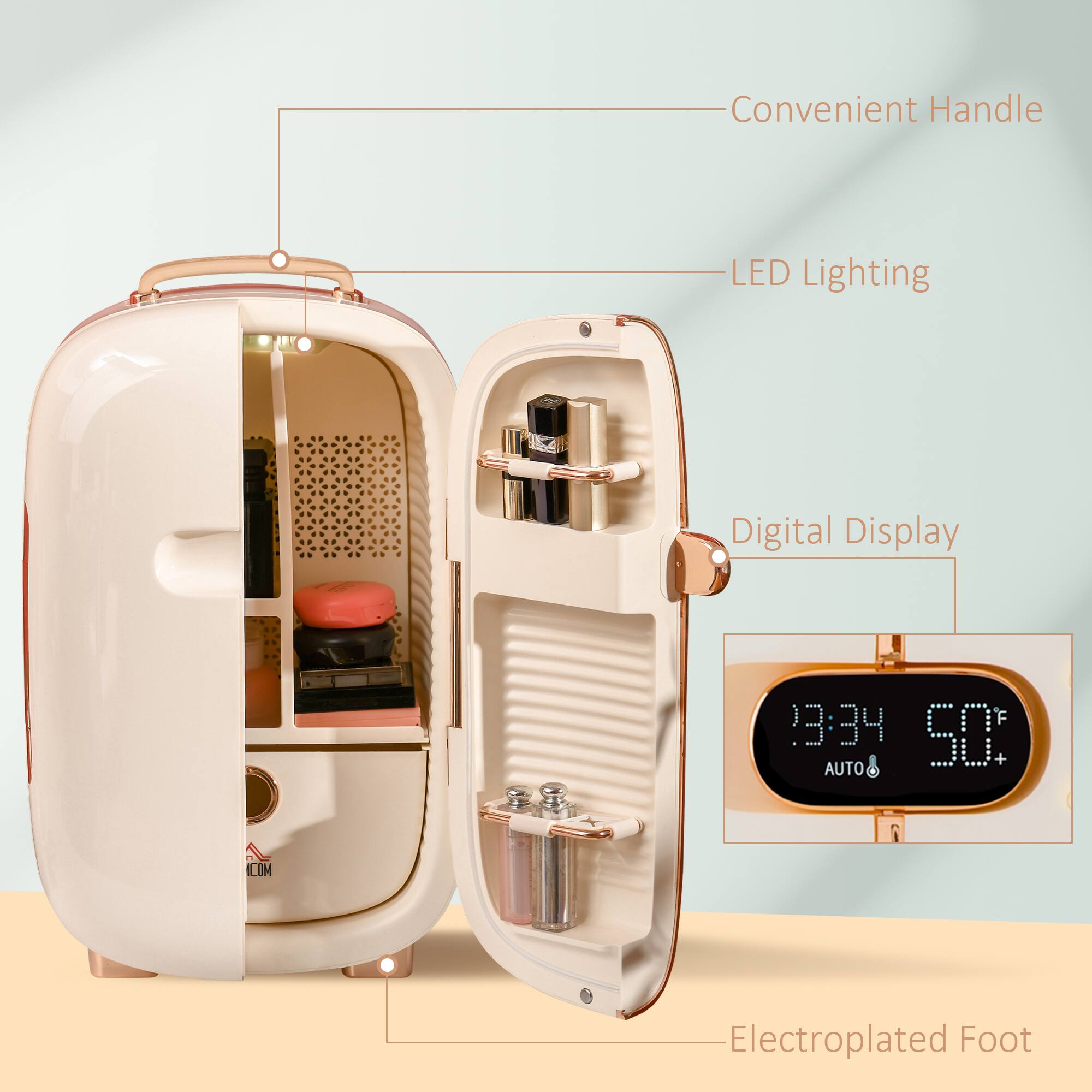Convenient Handle  
LED Lighting  
Digital Display  
Electroplated Foot  

13:34  
50°F  
AUTO