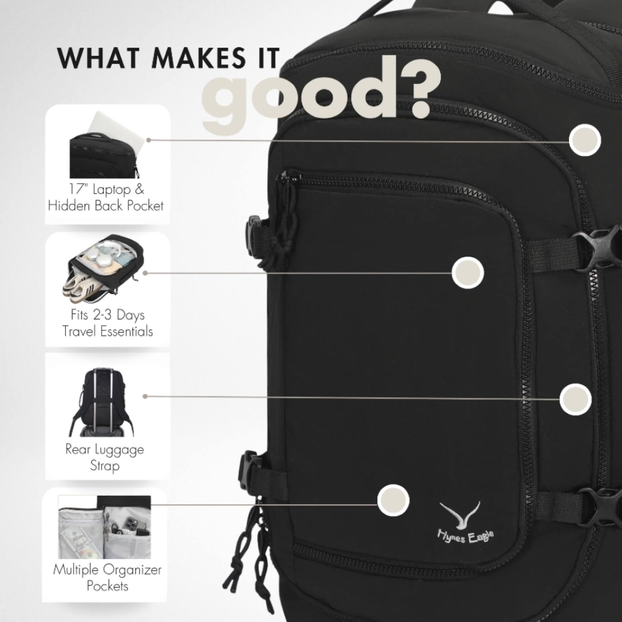 WHAT MAKES IT good?

- 17" Laptop & Hidden Back Pocket
- Fits 2-3 Days Travel Essentials
- Rear Luggage Strap
- Multiple Organizer Pockets

Hymes Eagle