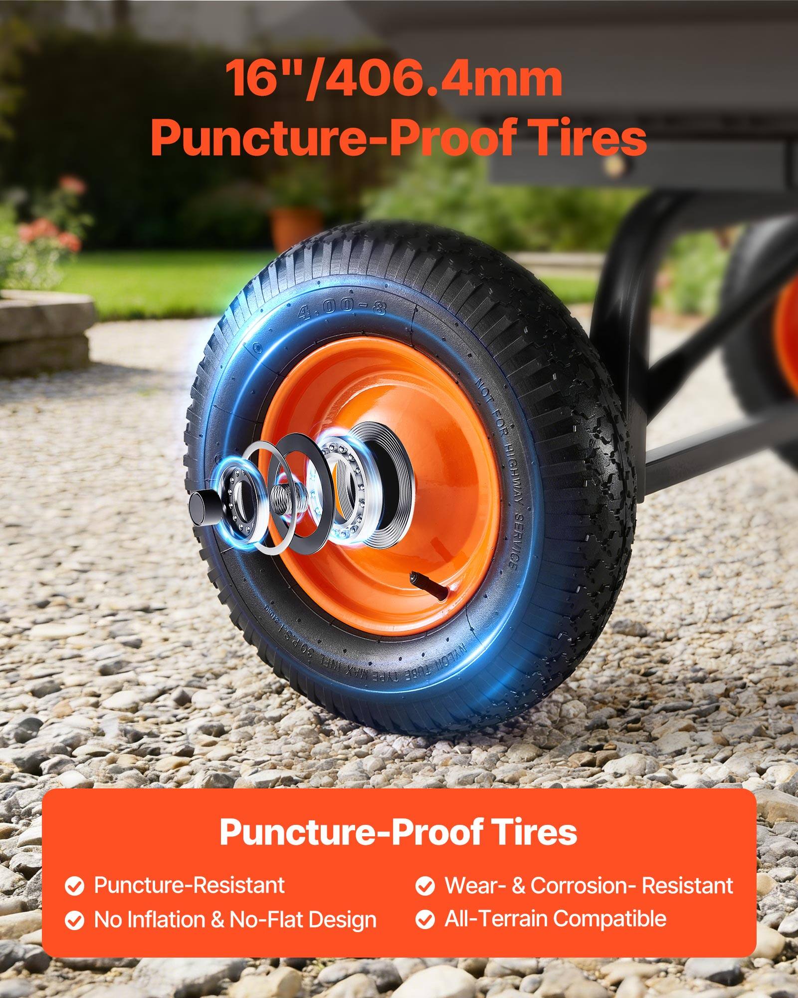 16"/406.4mm Puncture-Proof Tires

- Puncture-Resistant
- No Inflation & No-Flat Design
- Wear- & Corrosion-Resistant
- All-Terrain Compatible
