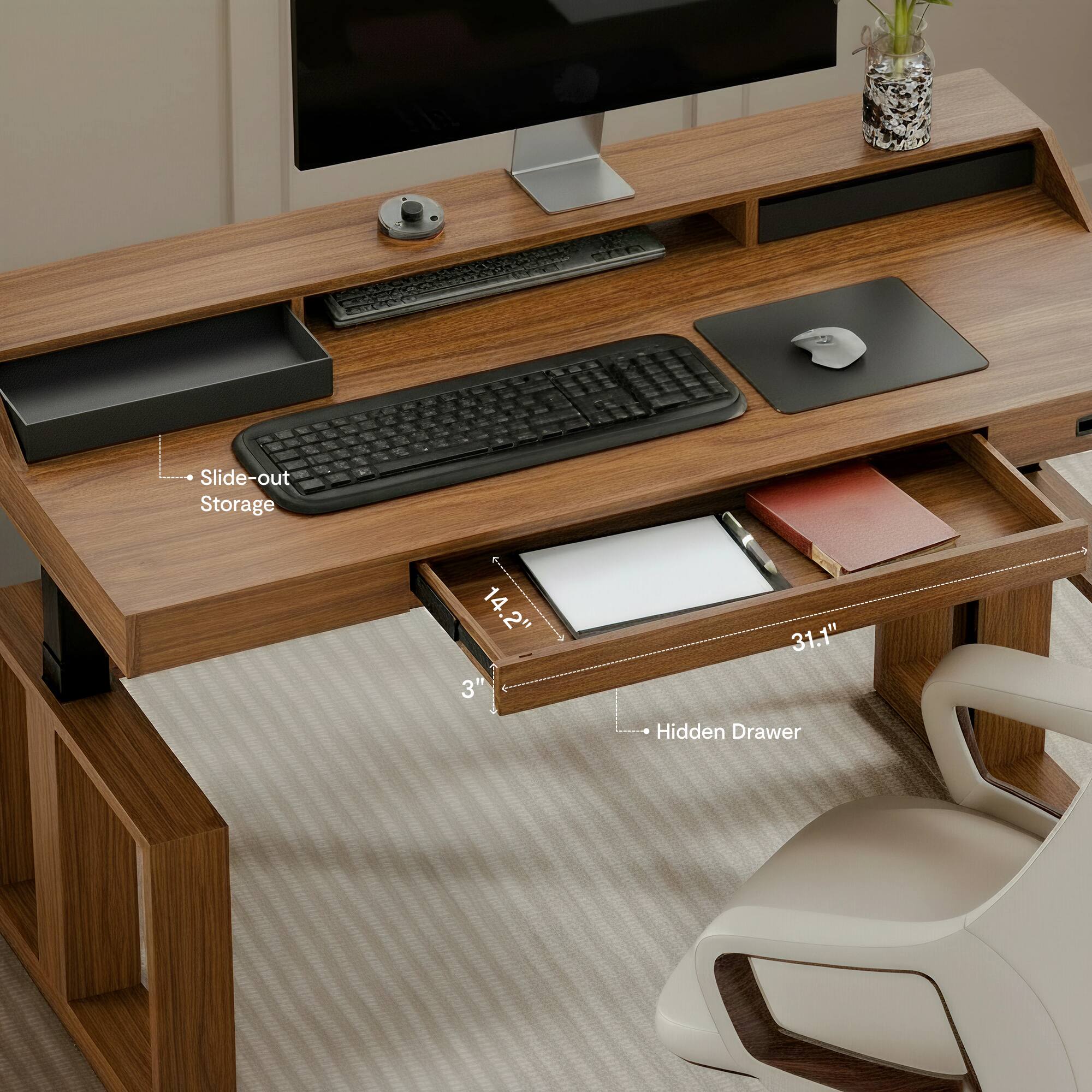Slide-out Storage  
14.2" x 3" x 31.1"  
Hidden Drawer