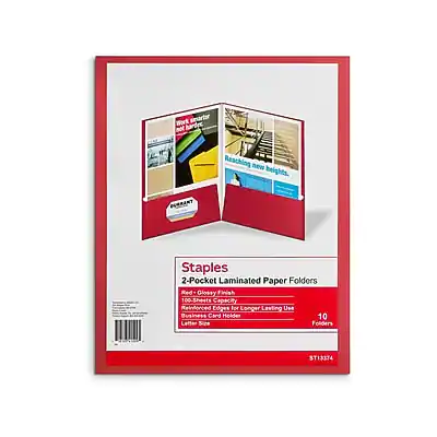 Work smarter, reaching new heights.
Staples
2-Pocket Laminated Paper Folders
Red - Glossy Finish
100-Sheets Capacity
Reinforced Edges for Longer Lasting Use
Business Card Holder
10 Letter Size Folders
ST13374