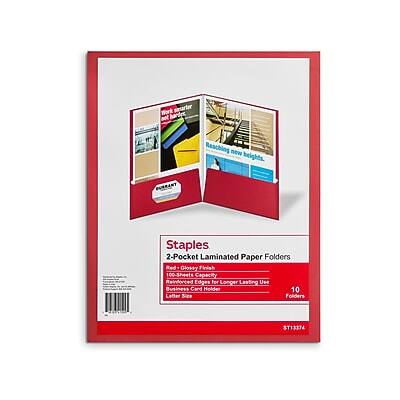 Work smarter, reaching new heights.

Staples  
2-Pocket Laminated Paper Folders  
Red - Glossy Finish  
100-Sheets Capacity  
Reinforced Edges for Longer Lasting Use  
Business Card Holder  
10 Letter Size Folders  
ST13374