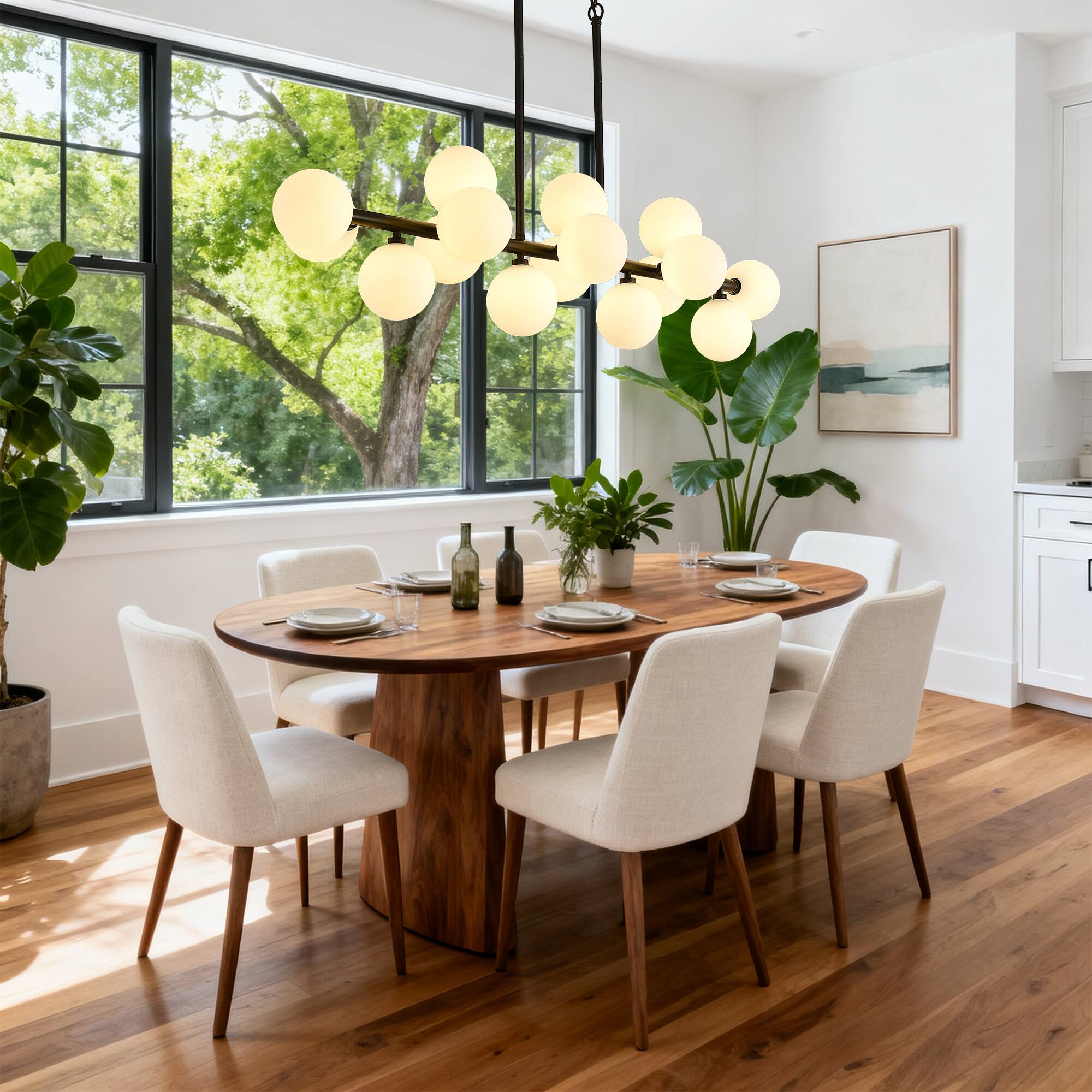 Angle. RYHNUYNE - 55 Inch Modern Sputnik Chandelier 16-Light Linear Pendant, Cream Glass Shades Adjustable Kitchen Island Lighting.