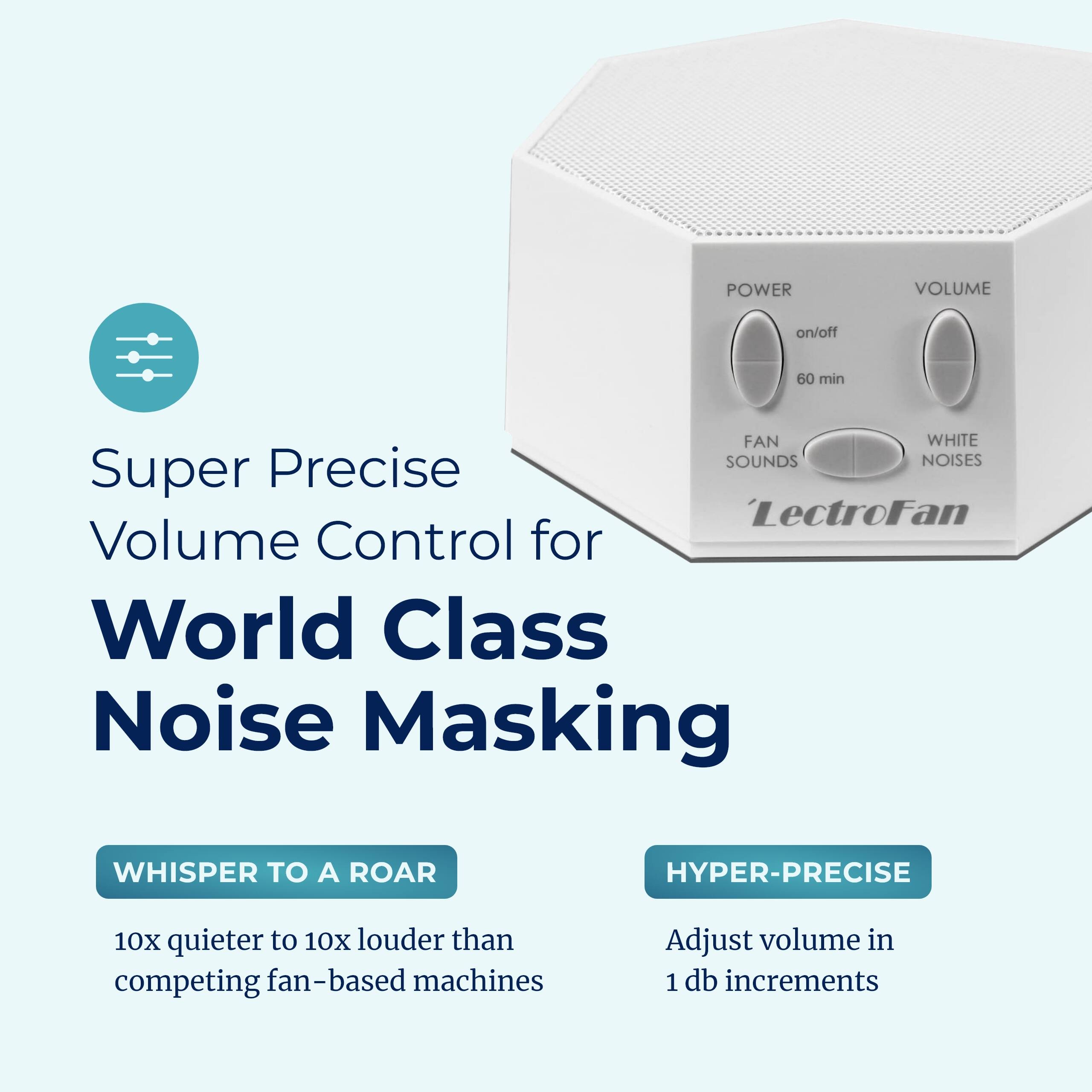 POWER VOLUME on/off 60 min FAN WHITE SOUNDS NOISES

Super Precise LectroFan Volume Control for World Class Noise Masking

WHISPER TO A ROAR
10X quieter to 10X louder than competing fan-based machines

HYPER-PRECISE
Adjust volume in 1 db increments