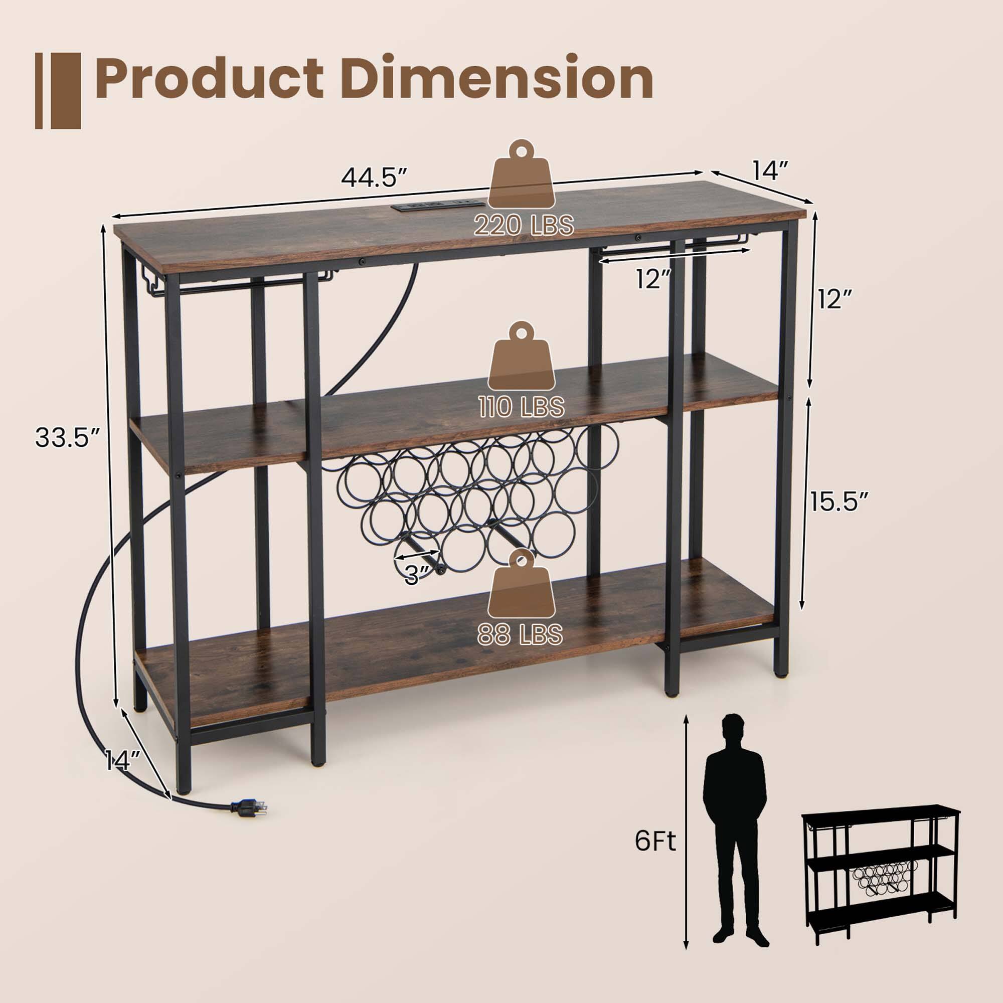 Product Dimension

- Length: 44.5"
- Width: 14"
- Height: 33.5"
- Shelf 1 Capacity: 220 LBS
- Shelf 2 Capacity: 110 LBS
- Shelf 3 Capacity: 88 LBS
- Overall Height: 6 Ft