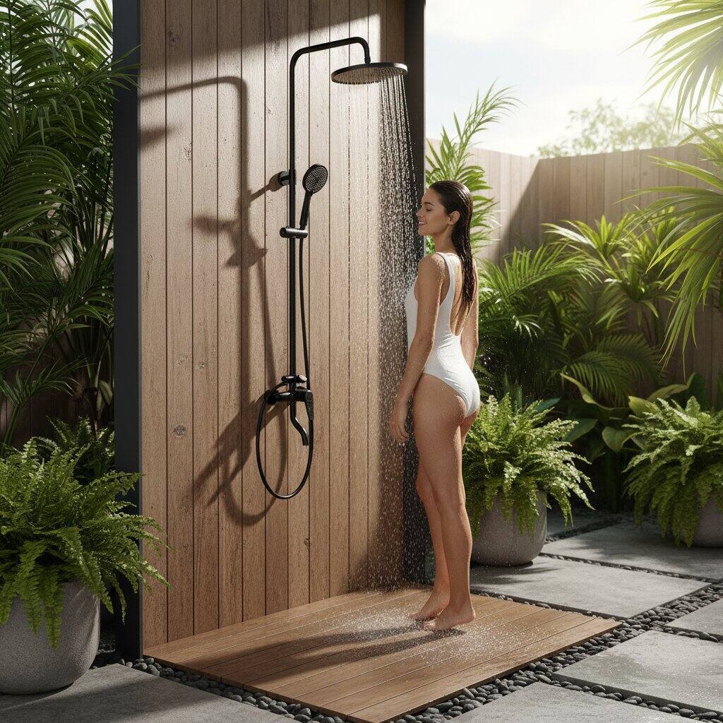Alt View 3. Dazzed Corner - Outdoor Shower, High Pressure Wall Mount 10 Inch Shower head - Matte Black.