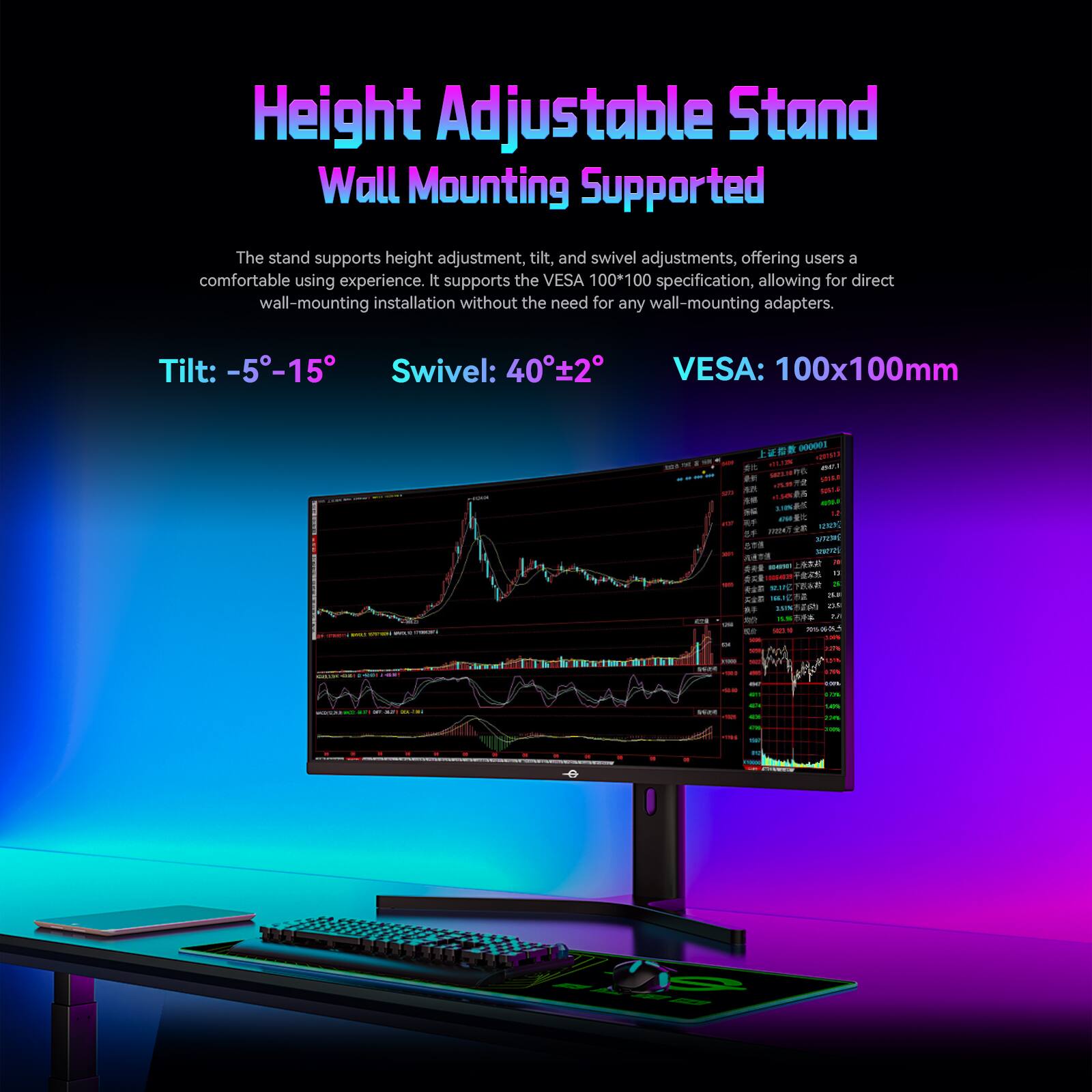 Height Adjustable Stand Wall Mounting Supported The stand supports height adjustment, tilt, and swivel adjustments, offering users a comfortable using experience. It supports the VESA 100x100 specification, allowing for direct wall-mounting installation without the need for any wall-mounting adapters. Tilt: -5-15 Swivel: 40-22 VESA: 100x100mm