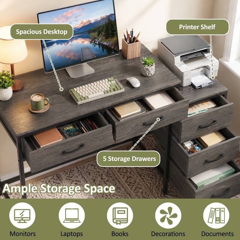 Spacious Desktop Printer Shelf with 5 Storage Drawers. Ample Storage Space for Monitors, Laptops, Books, Decorations, and Documents.